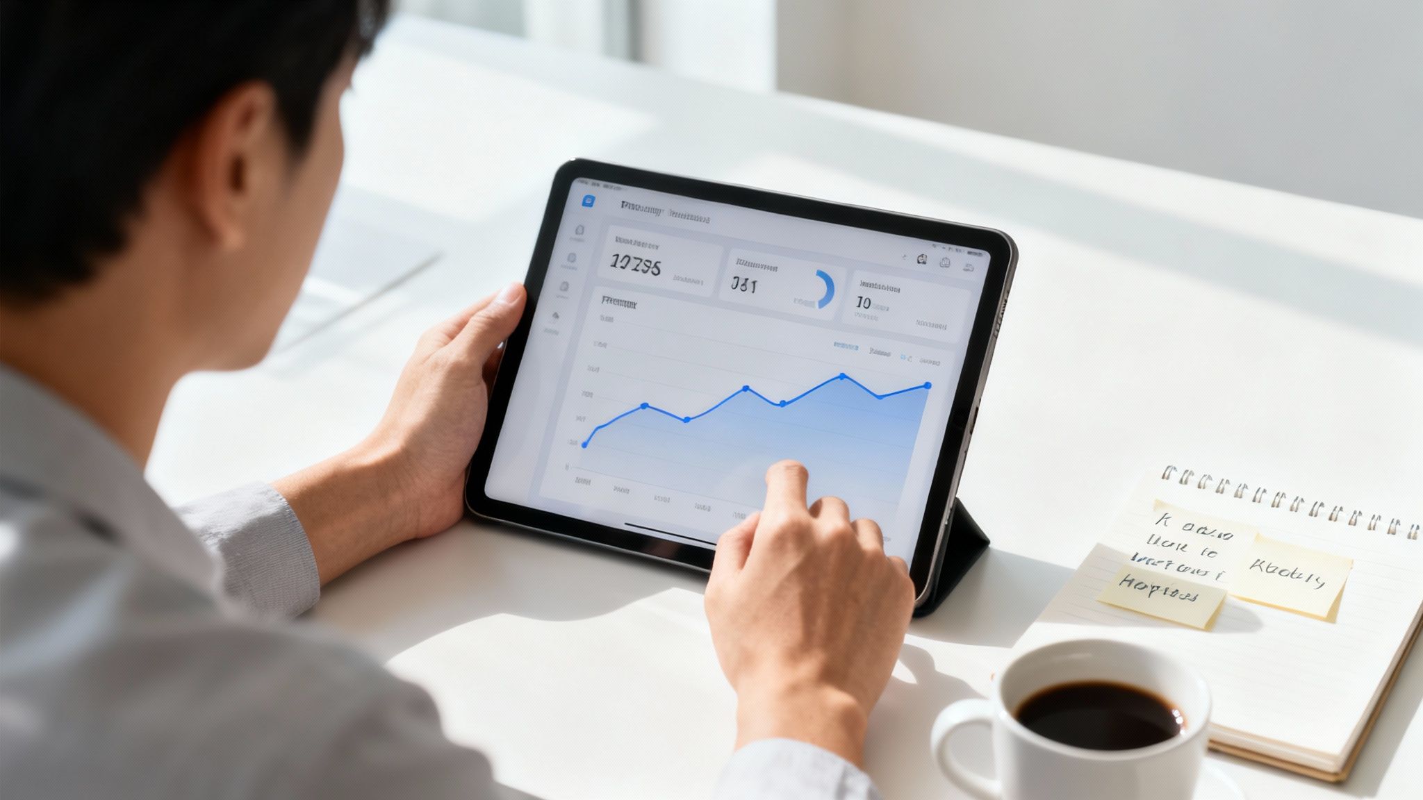 Person analyzing a business data dashboard on a tablet with a line graph, next to a coffee cup.