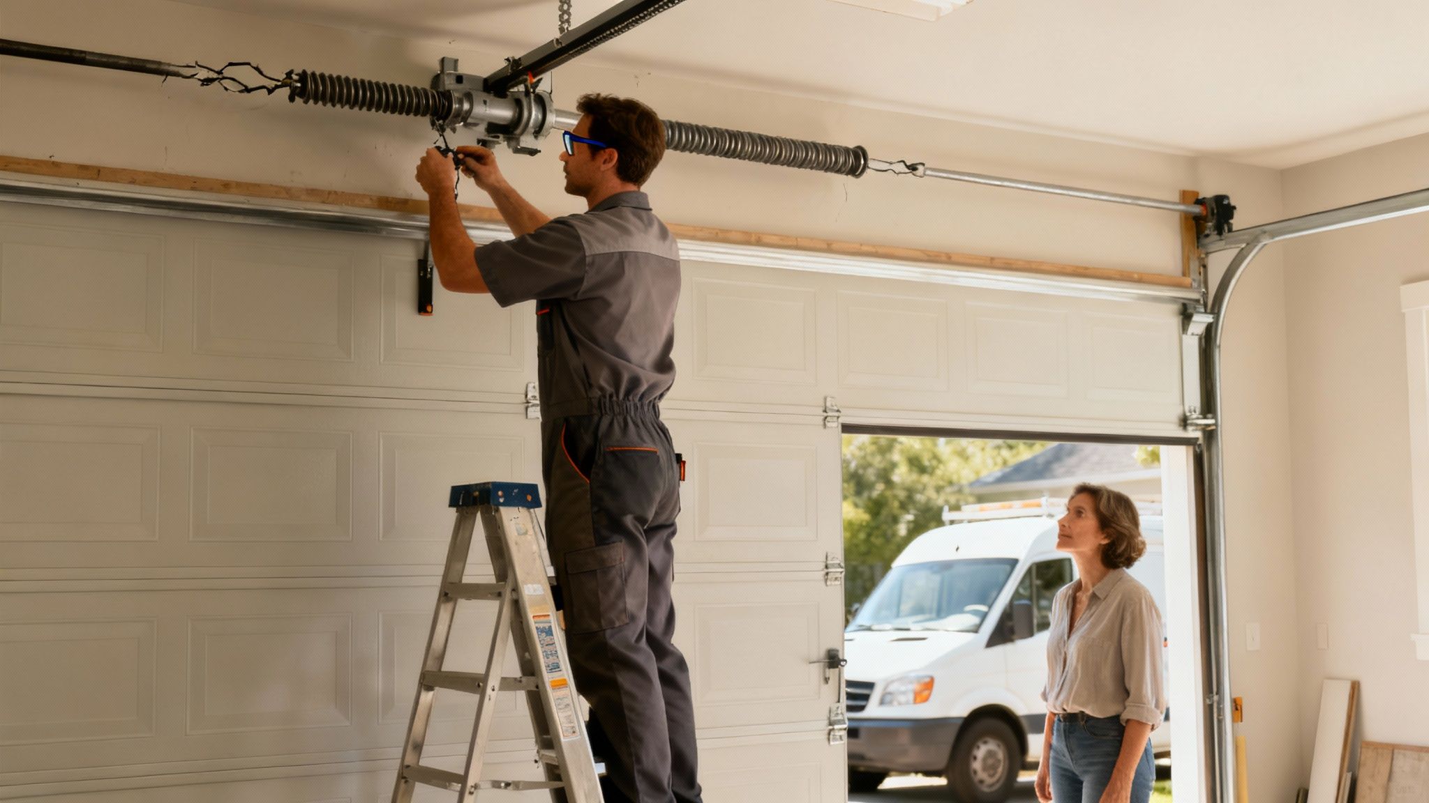 Professional technician working on a garage door torsion spring