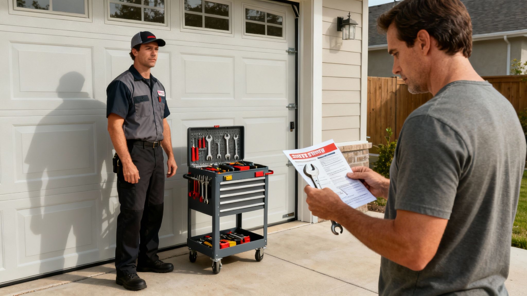 A technician wearing safety glasses carefully works on a garage door spring.