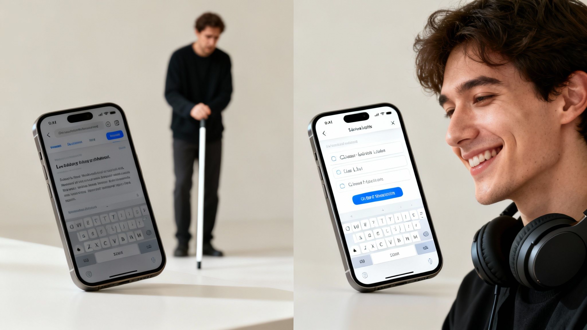 Two smartphones demonstrating accessible interfaces, one with a blind man, the other with a smiling user with headphones.