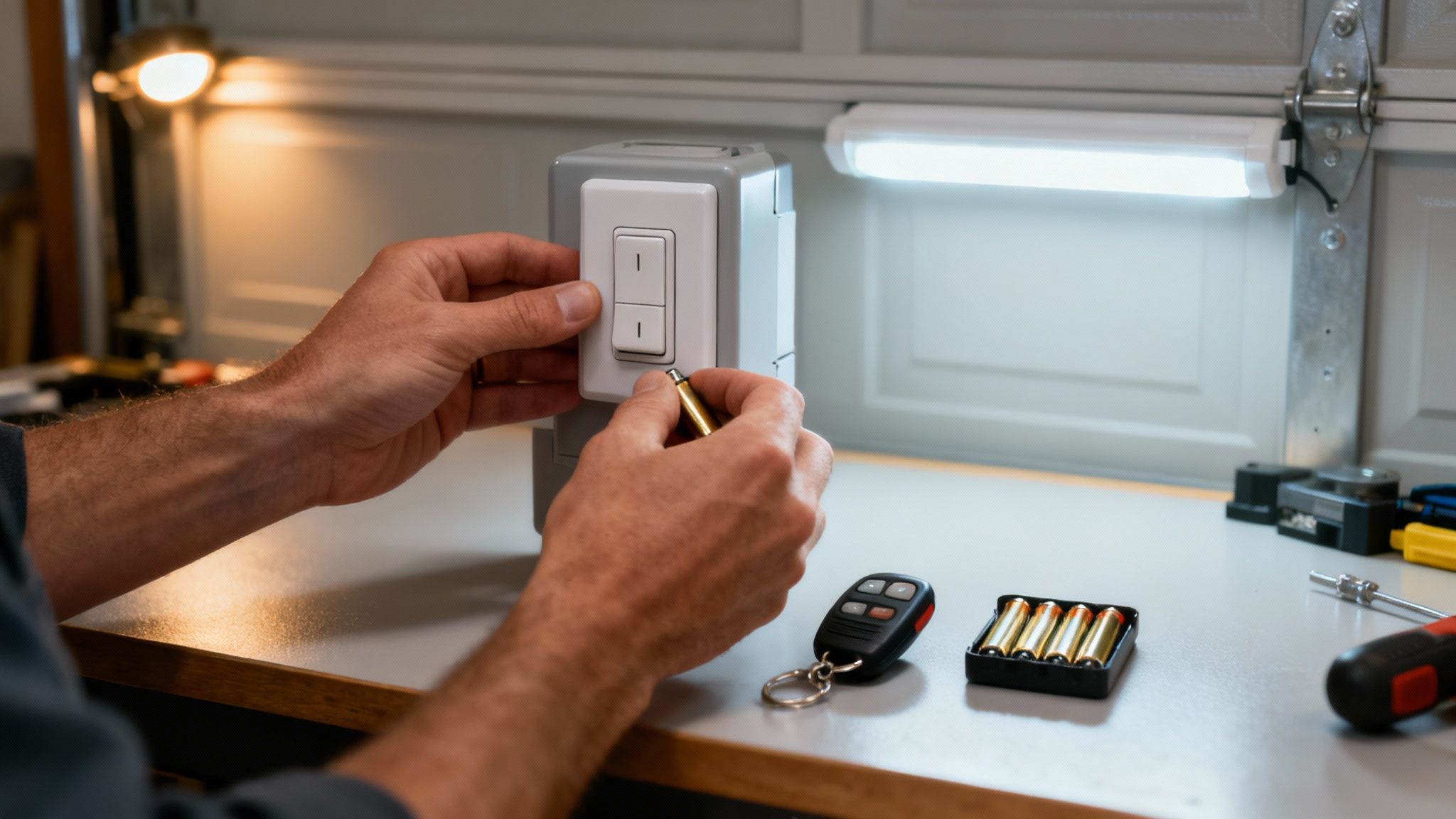 A person troubleshooting a garage door opener remote control