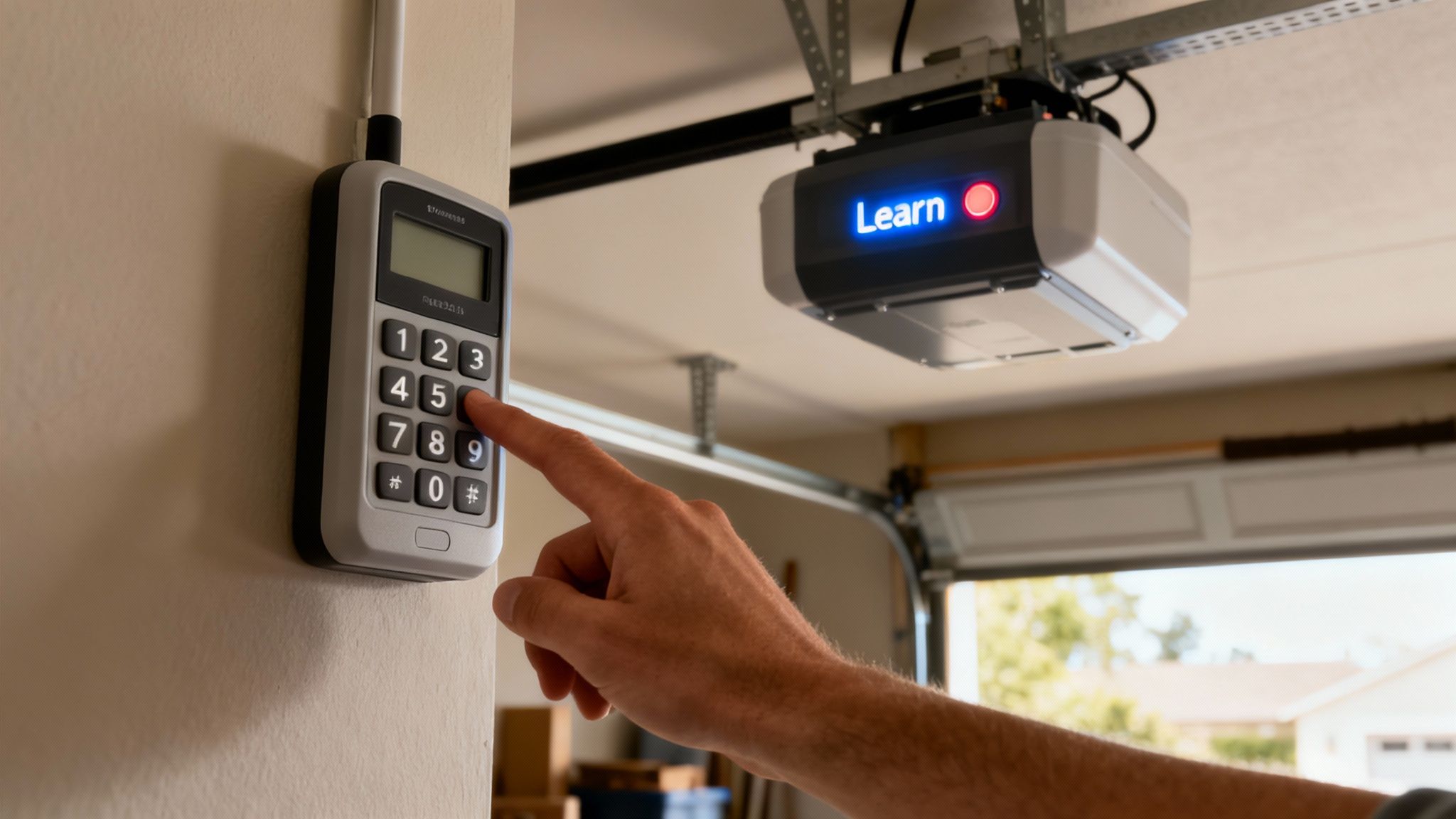 A hand entering a code on a garage door keypad.