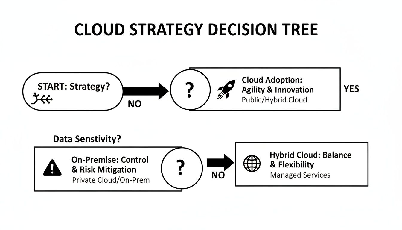 Flowchart illustrating cloud strategy decisions including adoption, on-premise, and hybrid solutions.