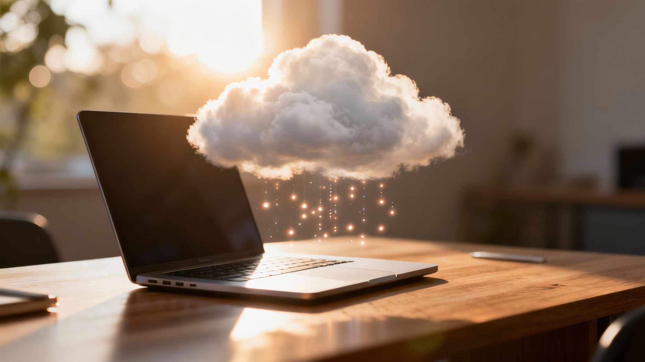 A laptop on a wooden desk with a cloud graphic above, glowing data raining down, symbolizing cloud computing.