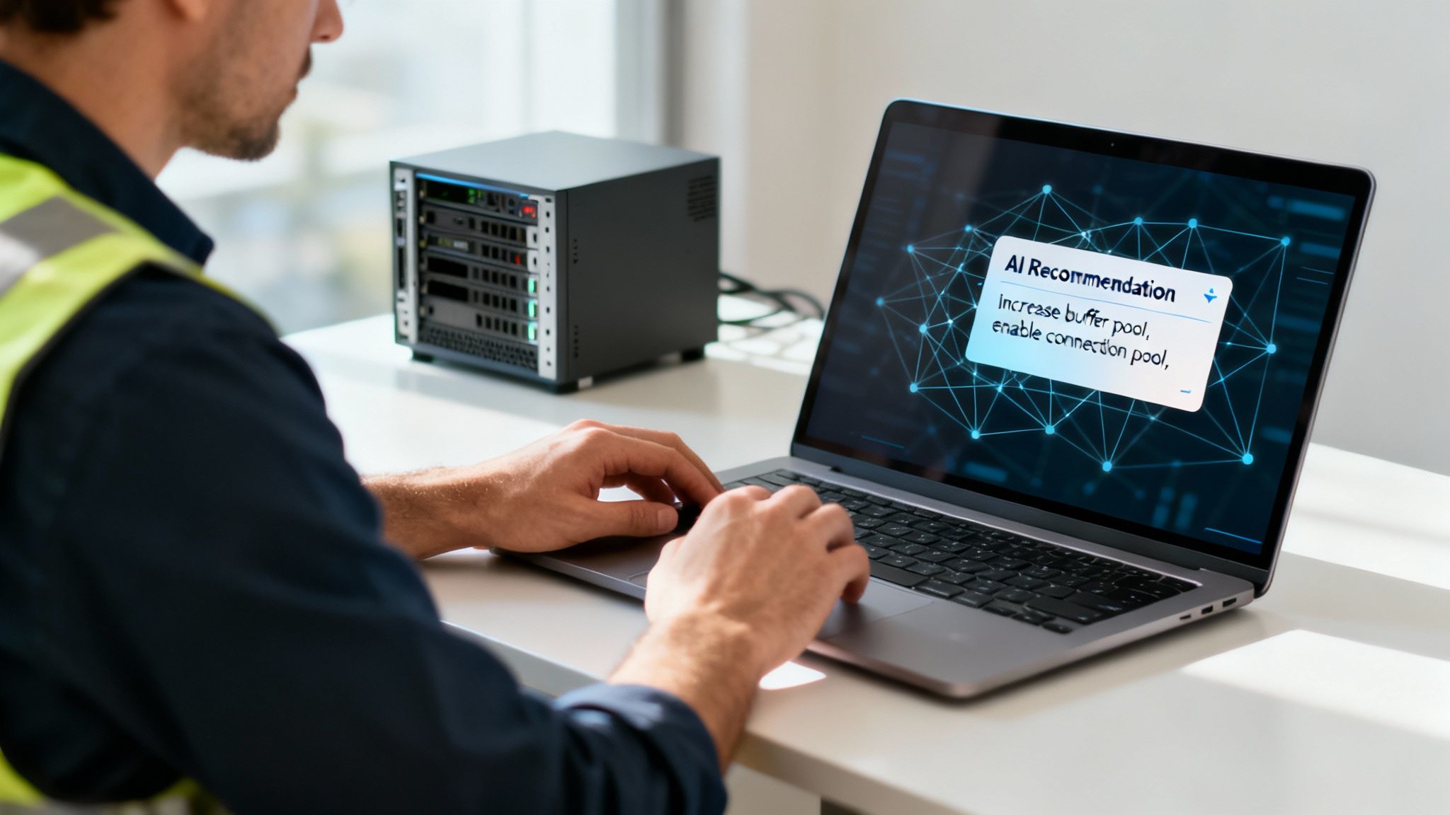 IT professional uses laptop with AI recommendations for database performance tuning near a server.