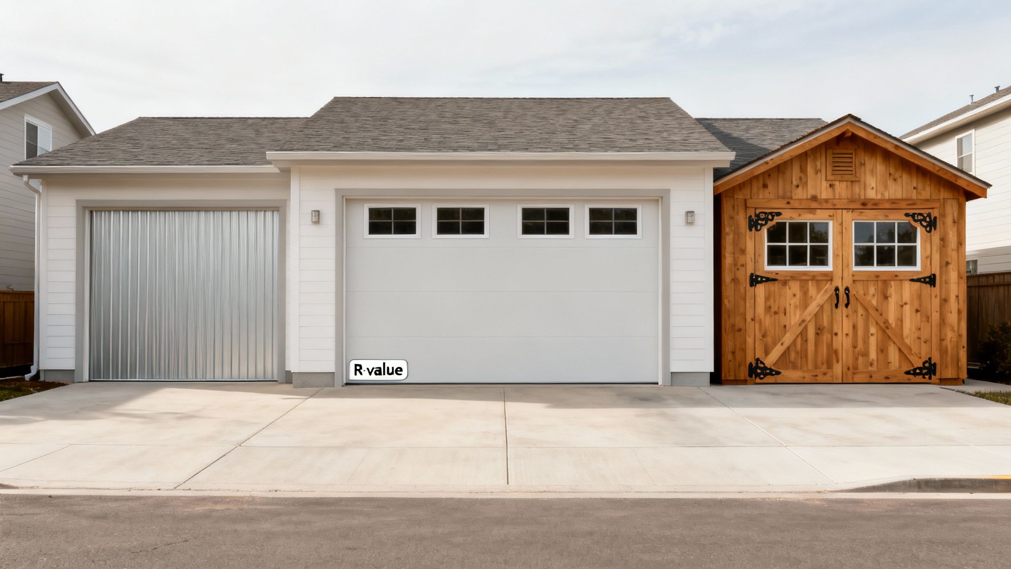 Two garage doors, one silver and one white with an R-value label, beside a wooden shed.