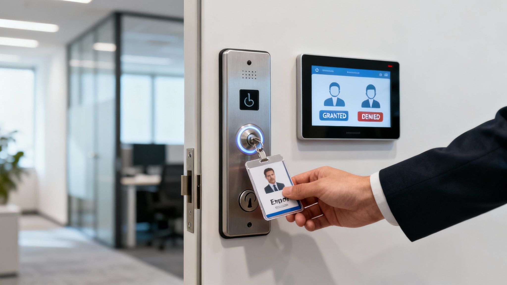 Hand scanning employee ID card on a modern access control system with 'GRANTED' status.