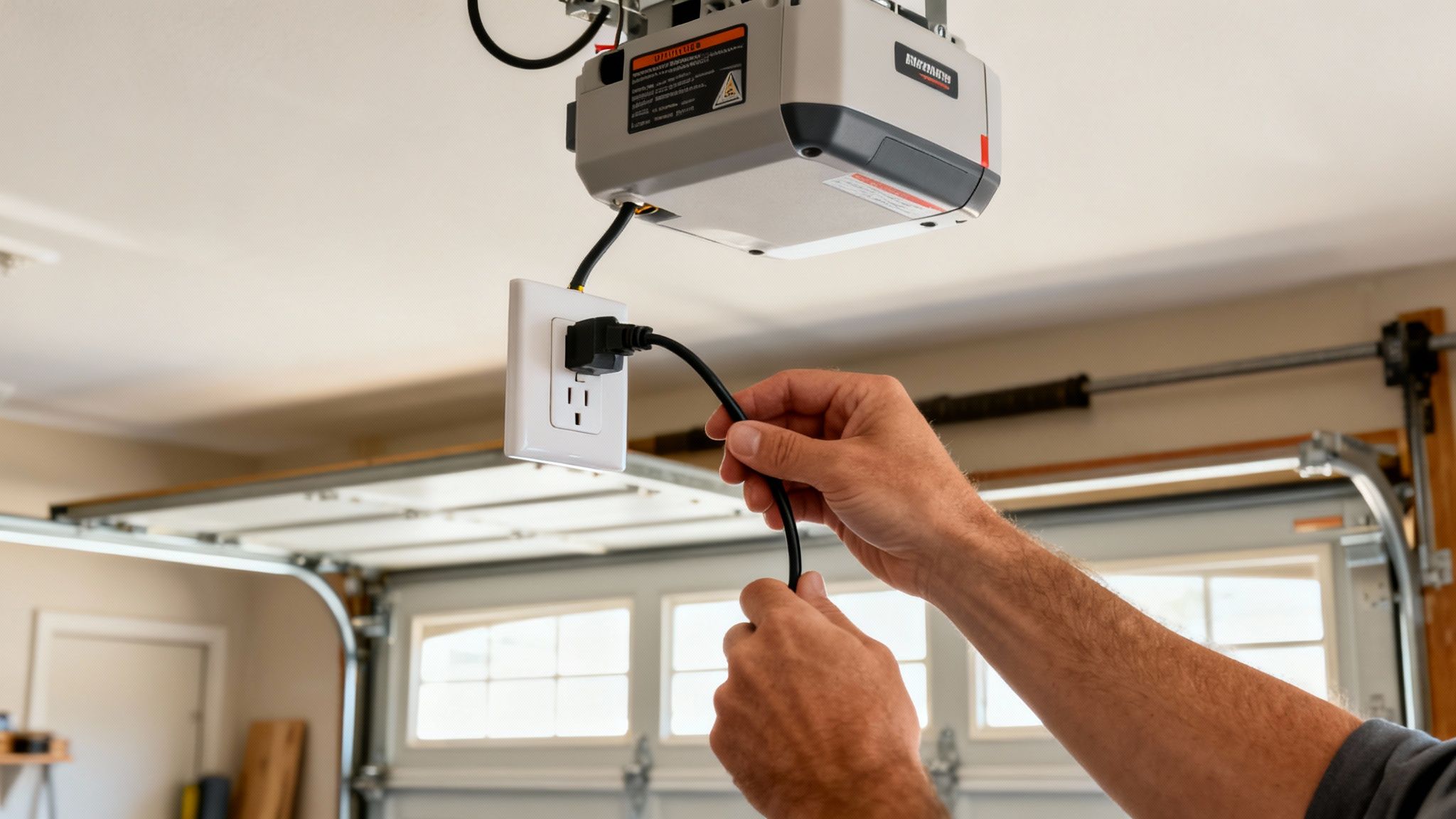 A person's hands plug a garage door opener power cord into a ceiling-mounted electrical outlet.