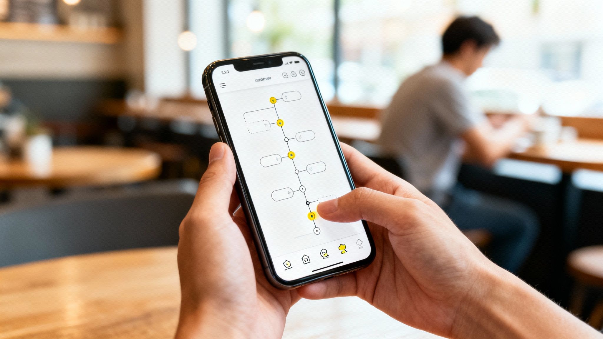 A user engages with a visual workflow diagram on a smartphone in a modern cafe.