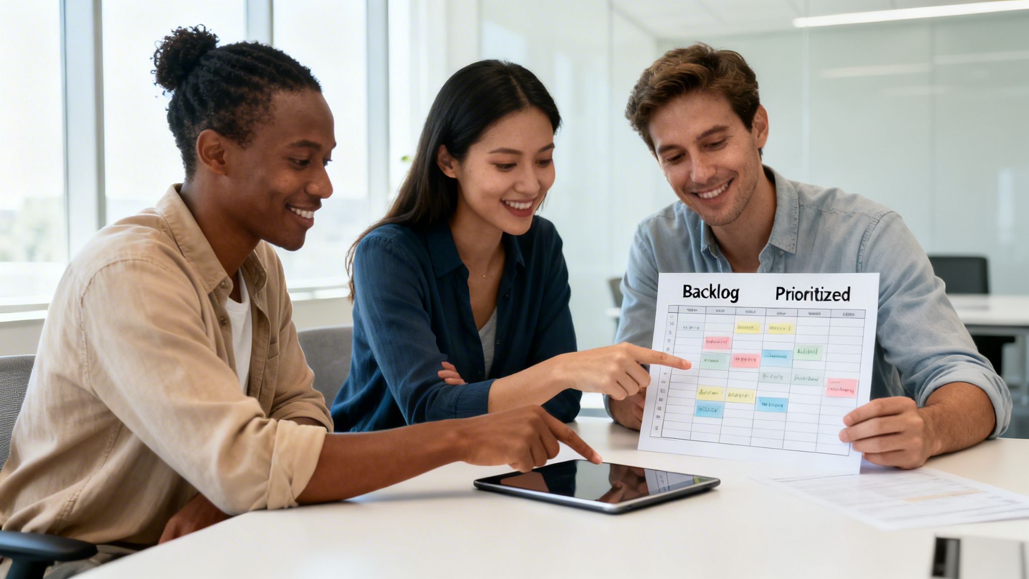 Three diverse colleagues smiling, pointing at a prioritized backlog sheet and a tablet during a meeting.