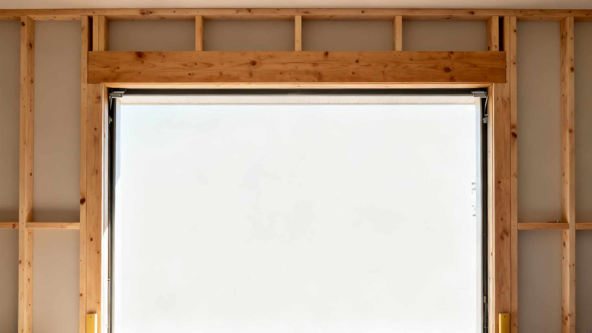 Interior view of wooden framing for a garage door opening in a building under construction.