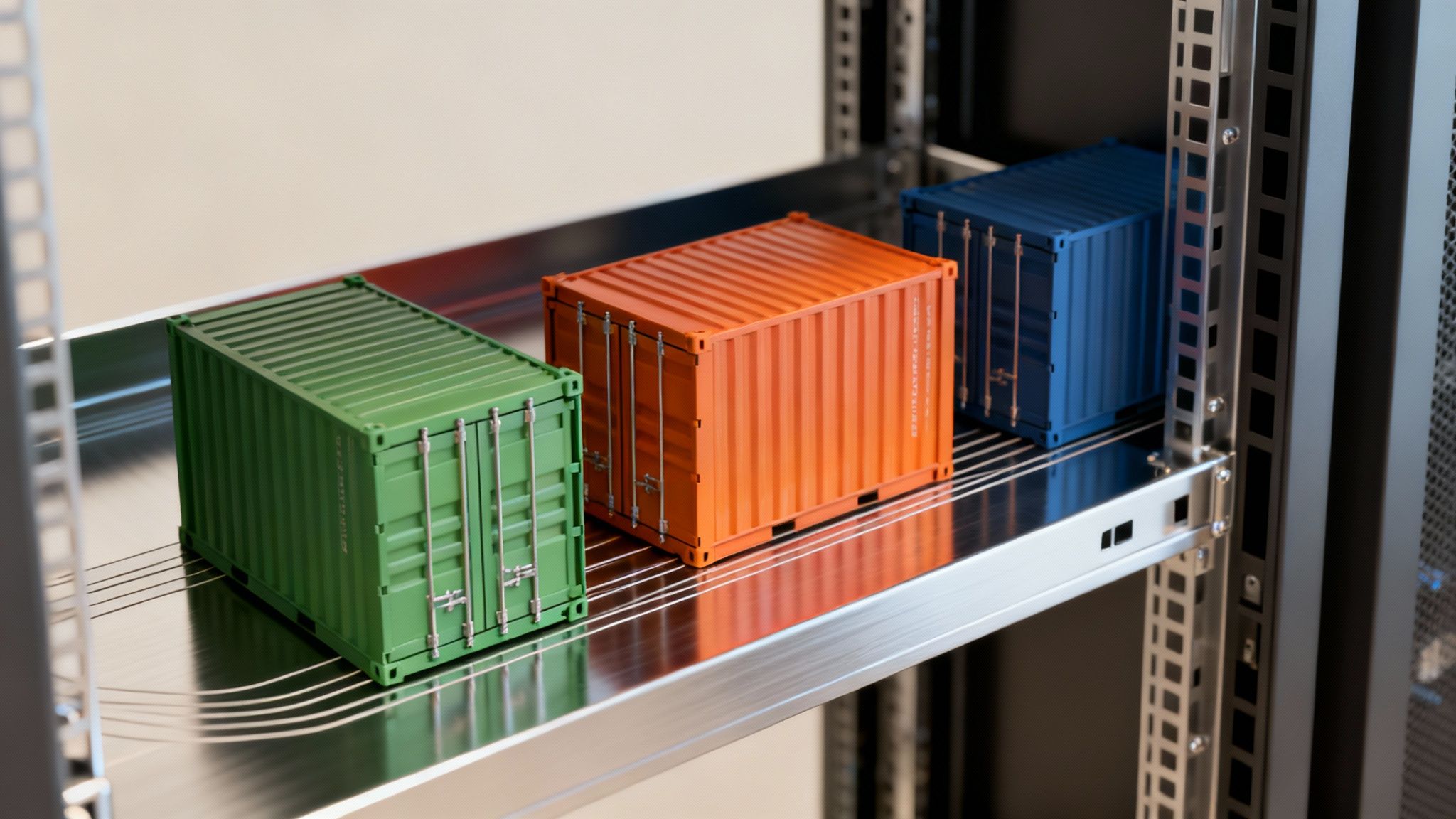 Miniature green, orange, and blue containers on a metal shelf, representing cloud infrastructure.