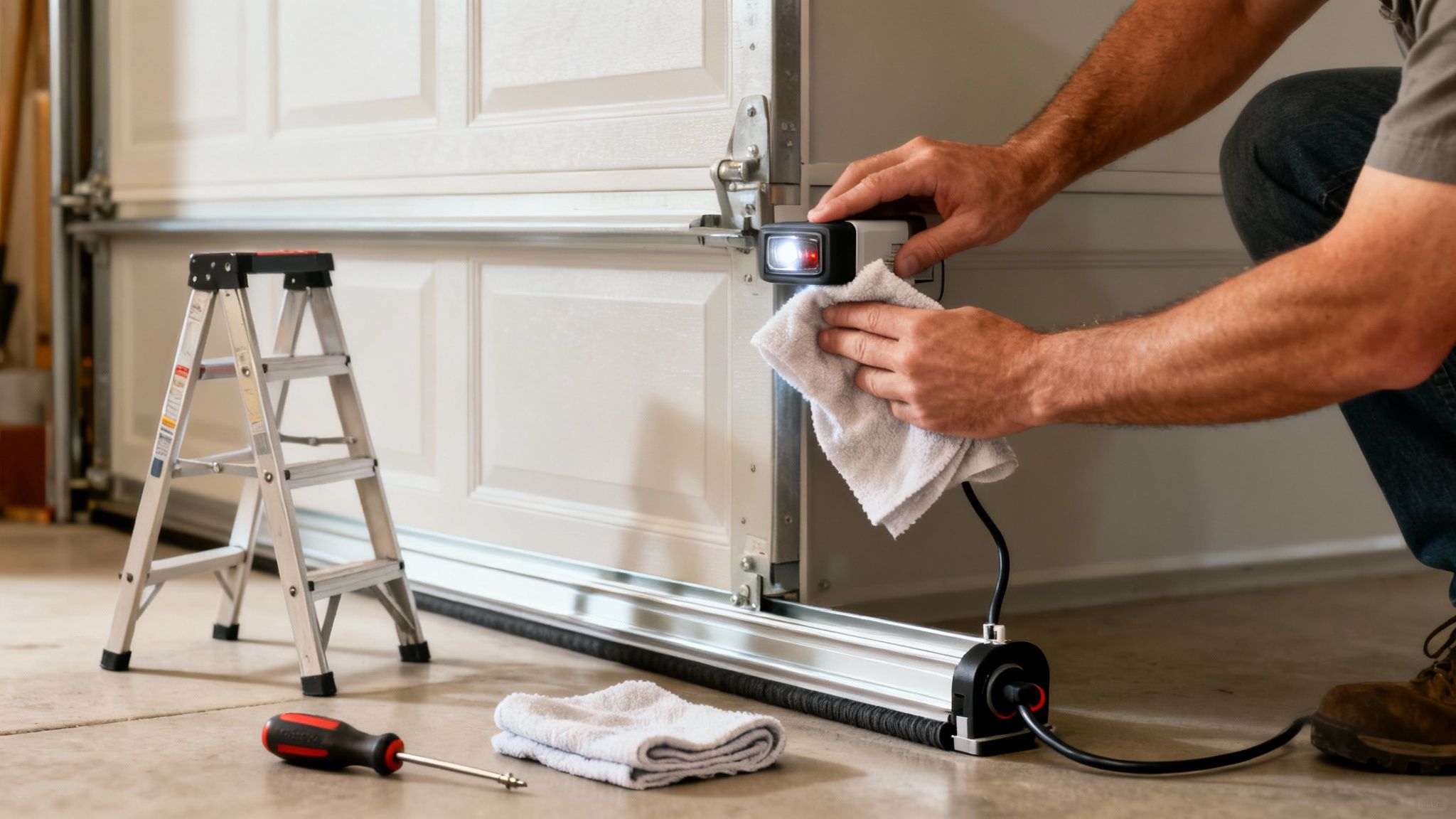 A person cleans a garage door safety sensor with a white cloth, a ladder and screwdriver nearby.
