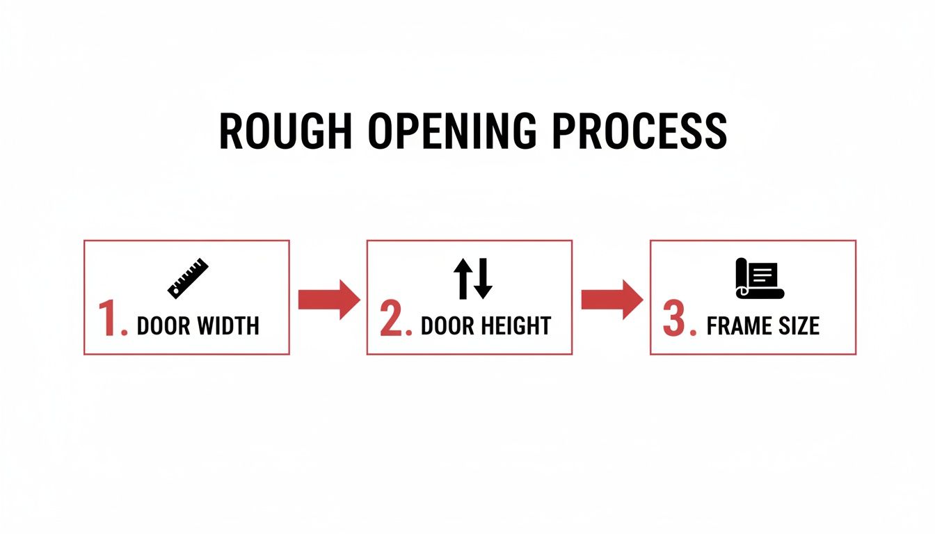 Flowchart illustrating the rough opening process for a door, detailing steps for width, height, and frame size.