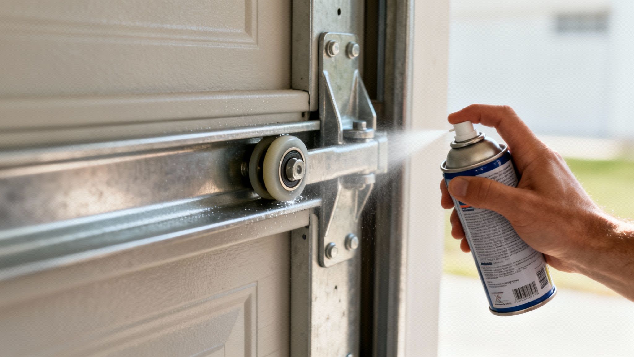 A hand sprays lubricant on a garage door roller and metal track for maintenance.