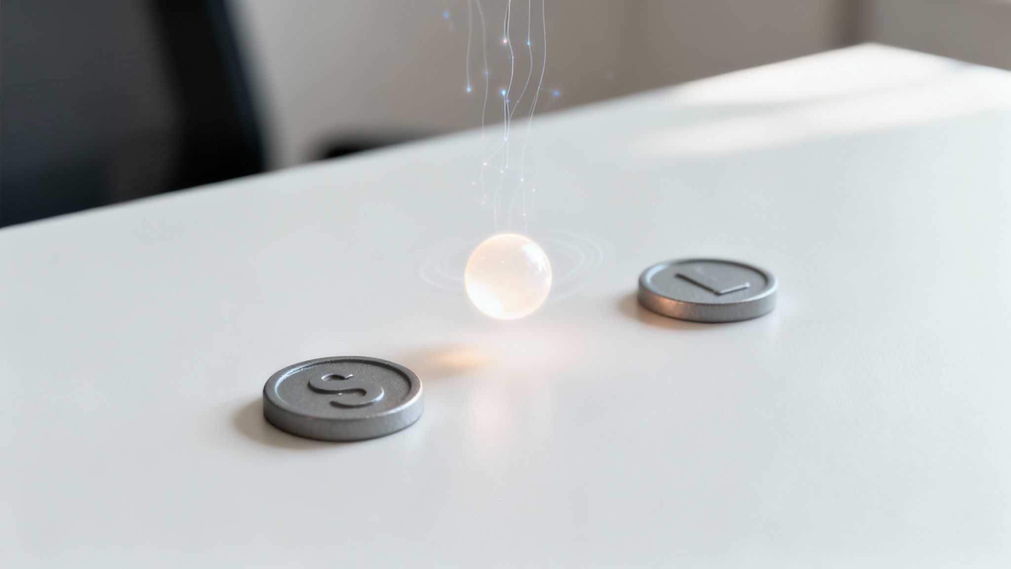 A glowing orb with data trails connects two metallic coins representing distinct microservices on a white table.