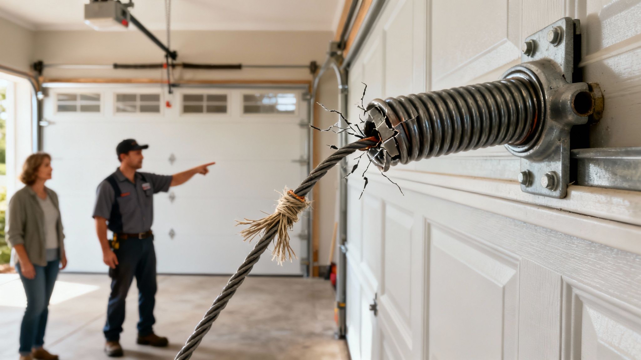 Technician pointing to a broken torsion spring on a garage door.