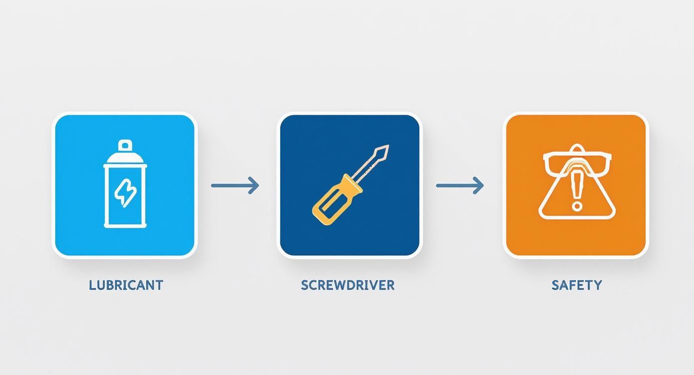 Icons illustrating a sequence of lubricant spray, screwdriver, and safety glasses with a warning sign.
