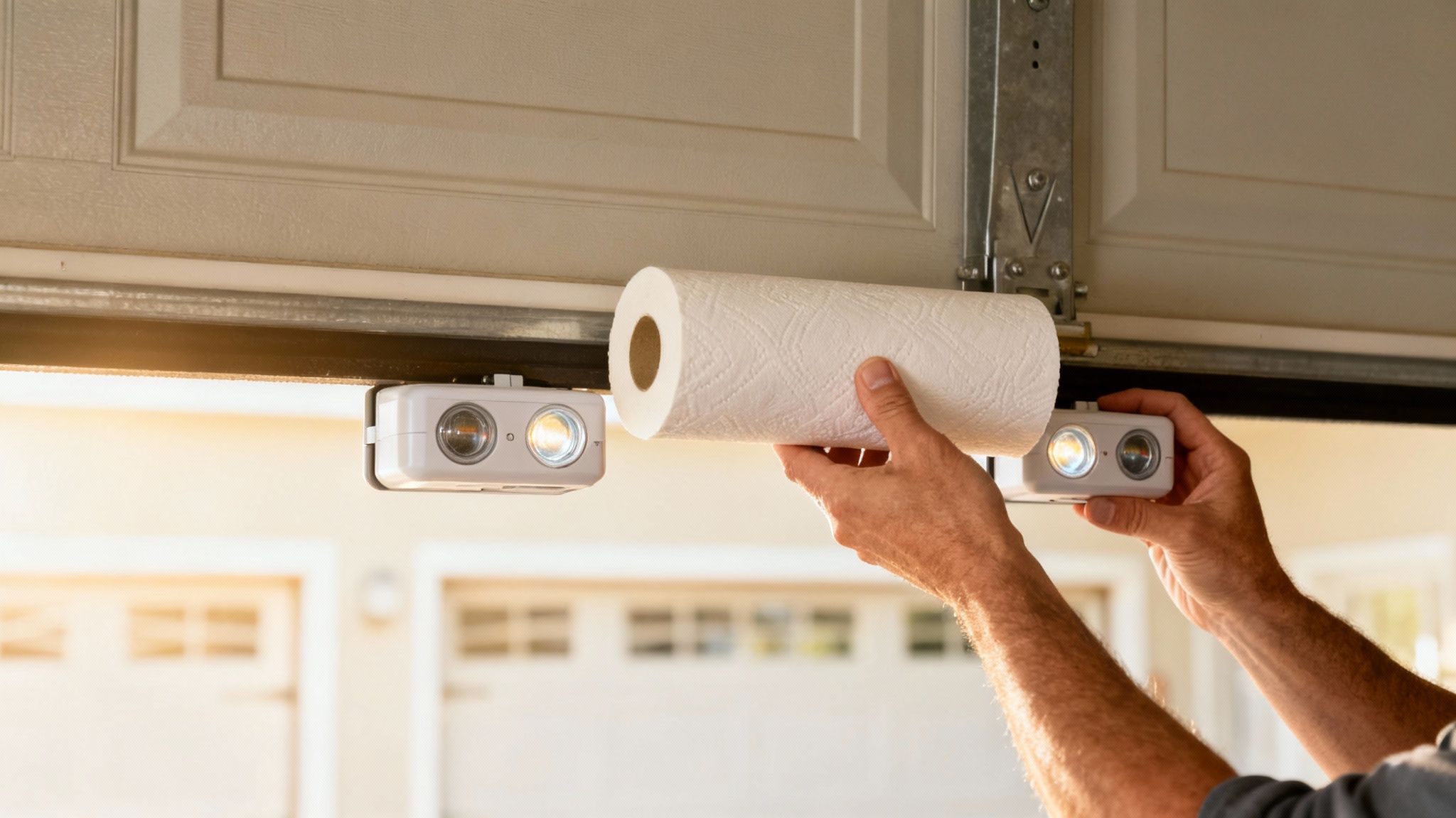 A close-up of garage door sensor wiring connected to the opener unit.