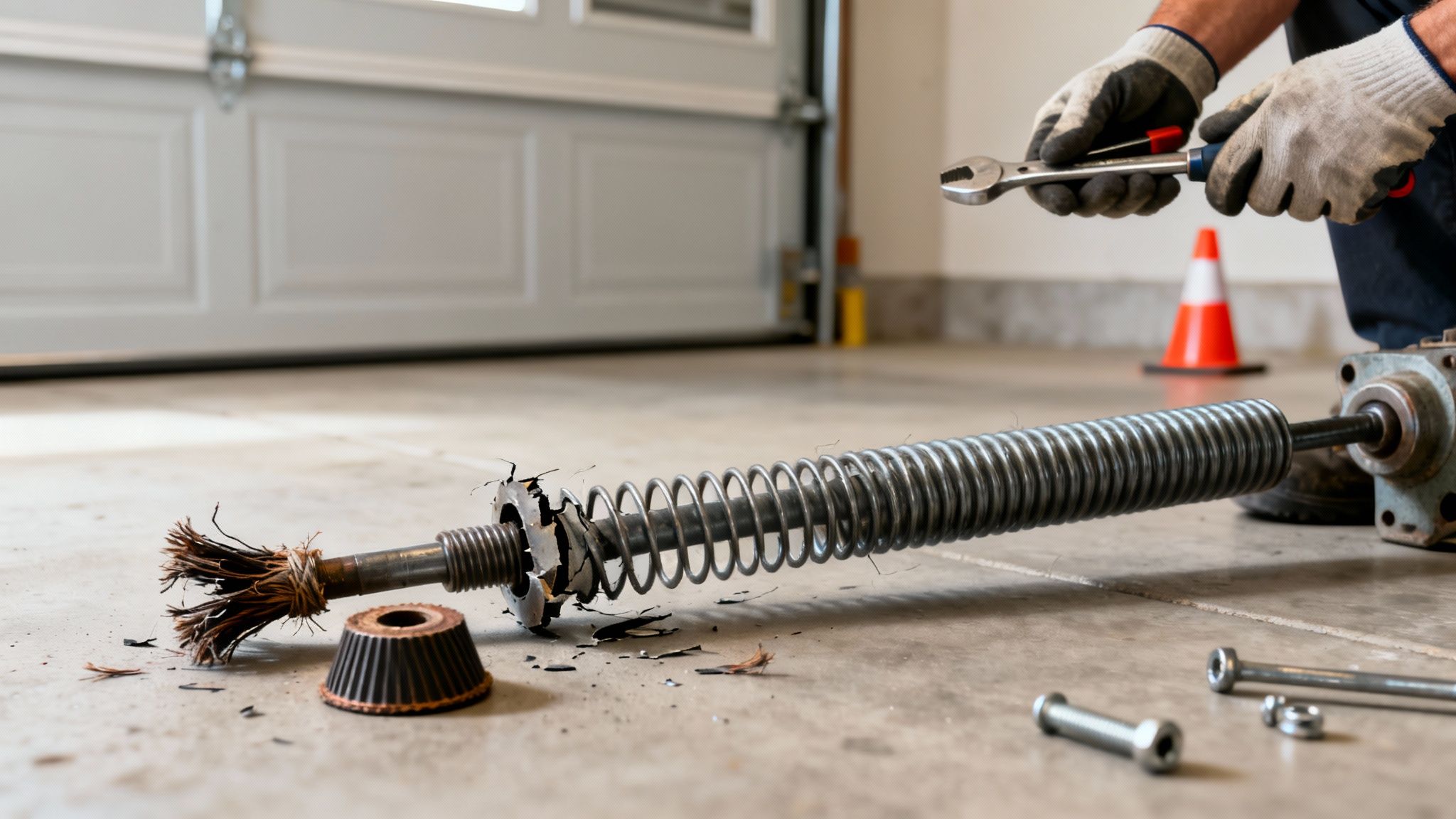 Worker in gloves holds a wrench, inspecting a broken garage door torsion spring and components.
