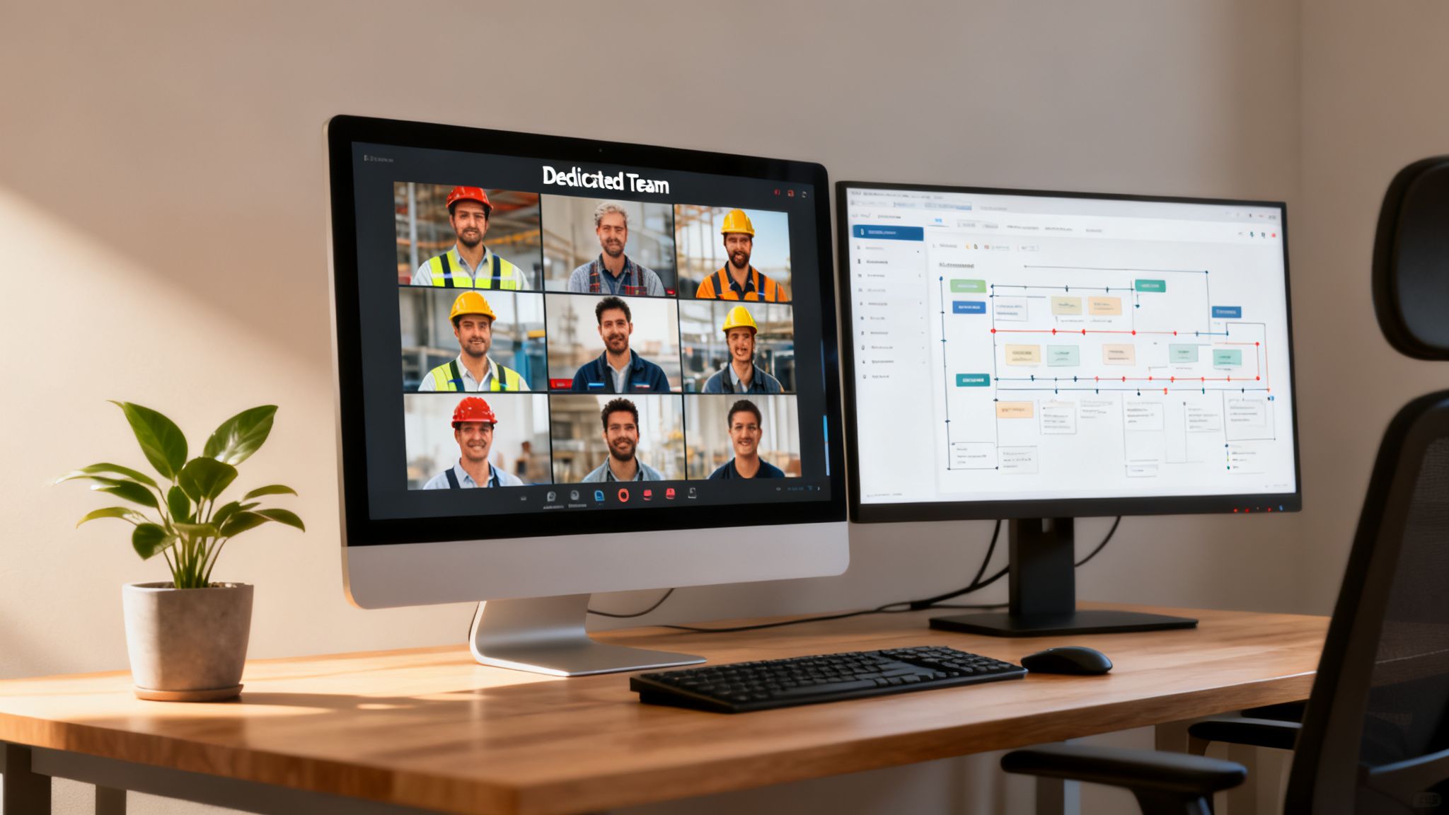 Modern desk setup with two monitors showing a team video call and a complex workflow diagram.