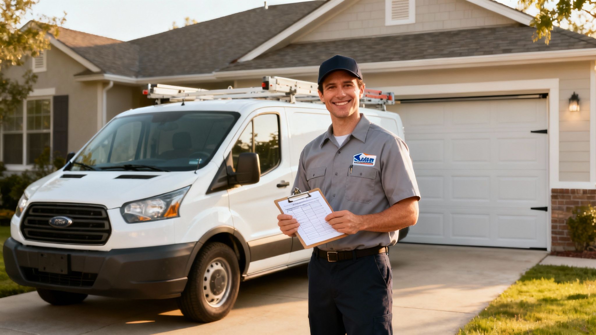 A professional garage door technician inspecting a garage door system.