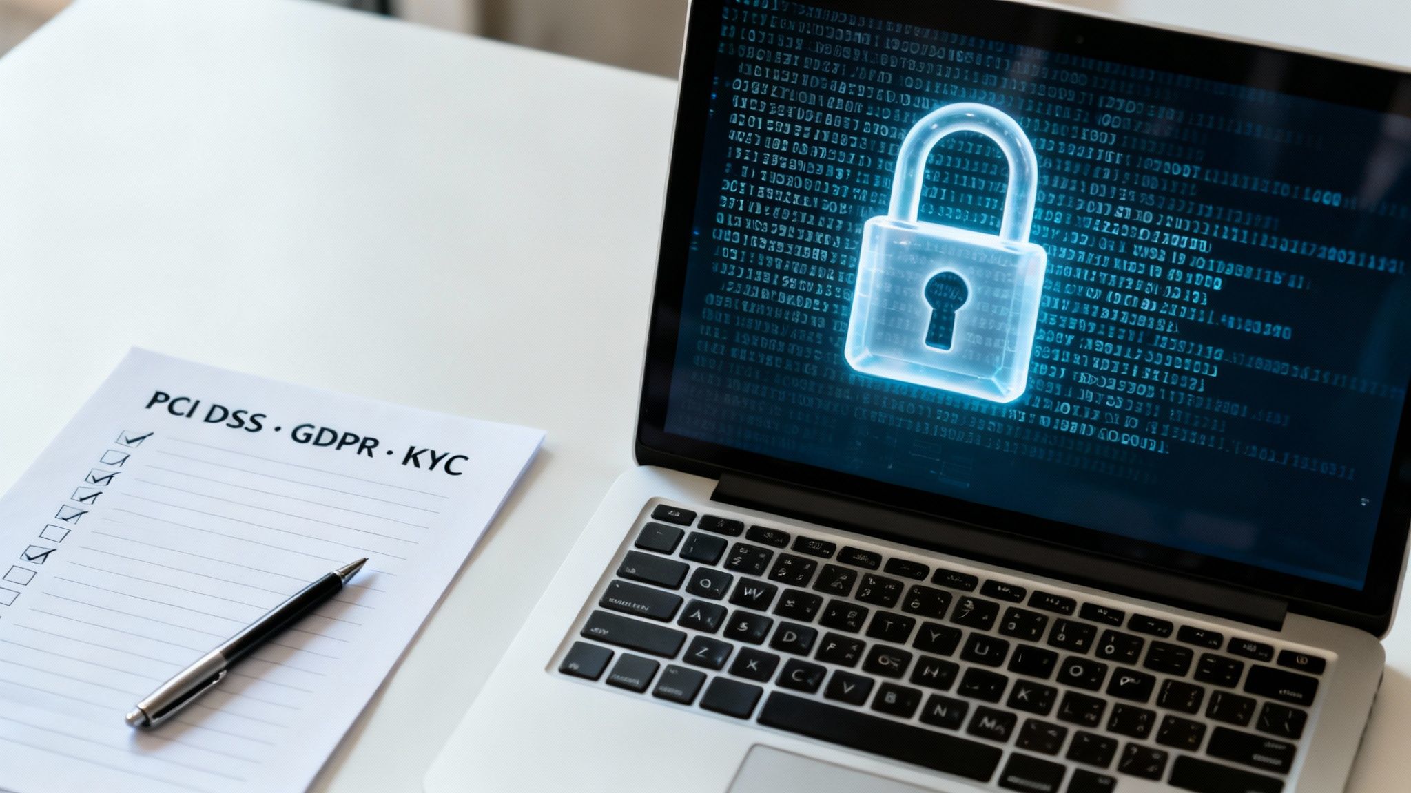 Laptop displaying digital security lock with compliance checklist showing PCI DSS GDPR KYC regulations