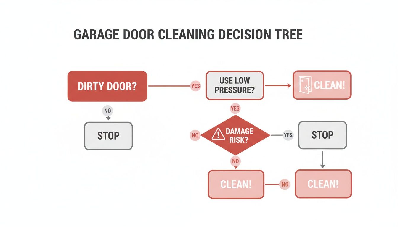 A flowchart illustrating the decision-making process for cleaning a garage door, considering pressure and damage risk.