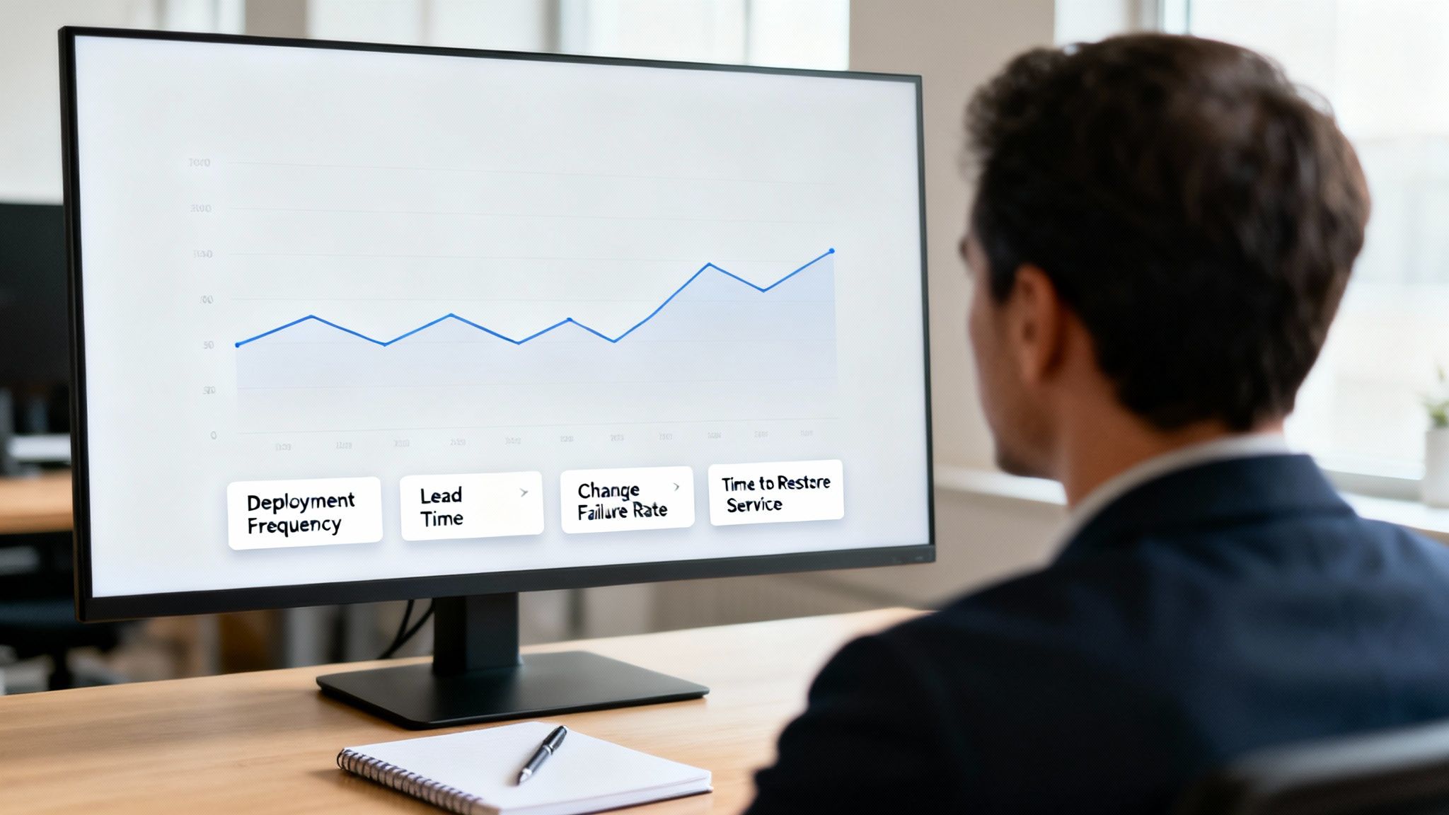 A person views a monitor displaying a line graph and software development metrics.