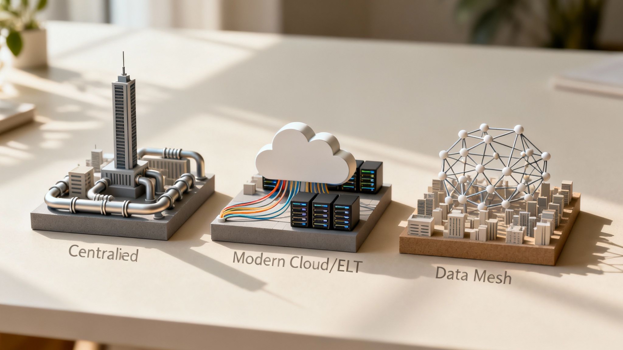 Three miniature models illustrating data architectures: Centralized, Modern Cloud/ELT, and Data Mesh.