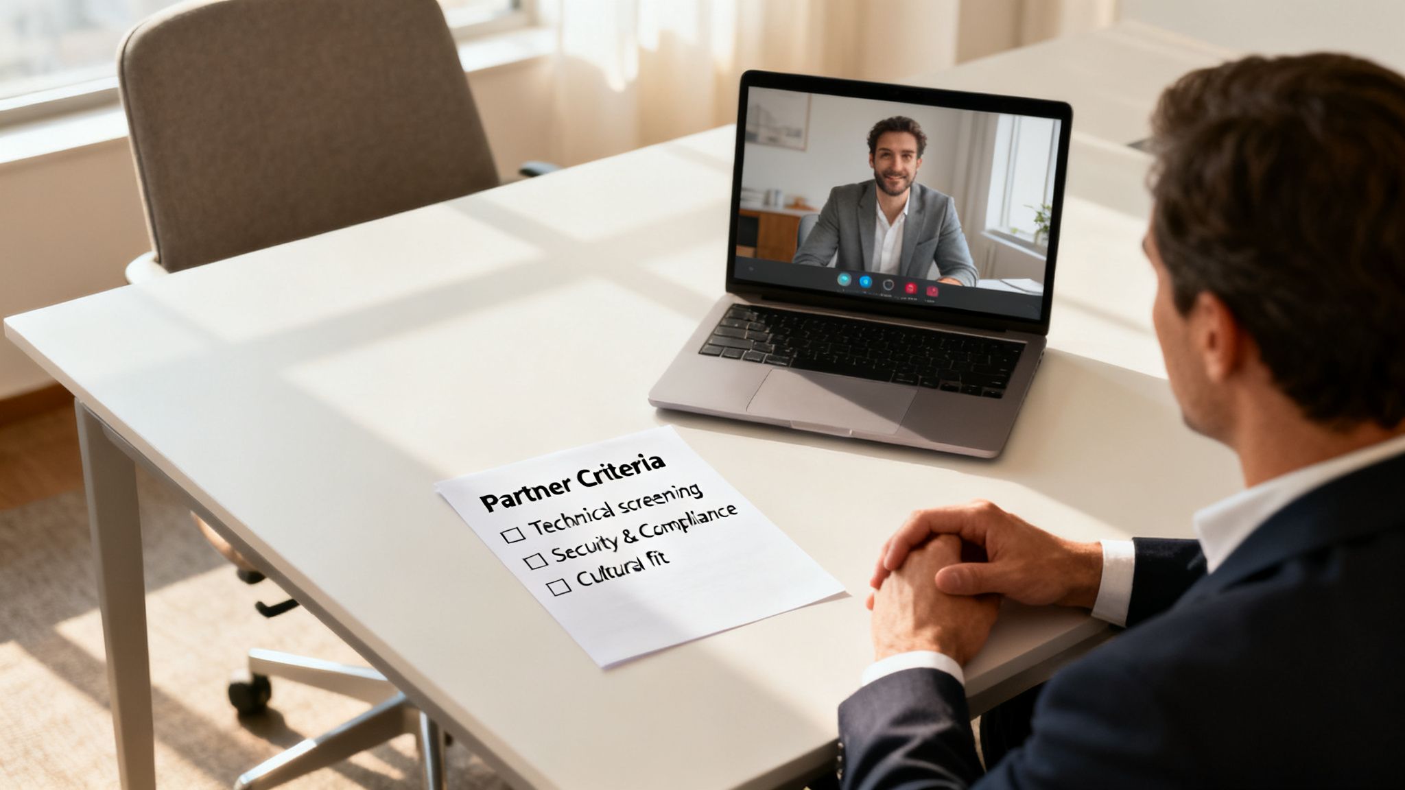 A man on a video call reviews partner criteria checklist for technical, security, and cultural fit.