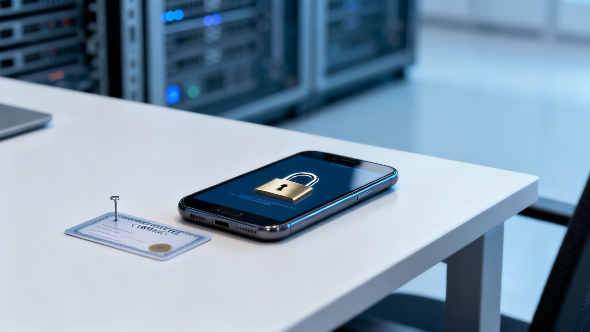 A smartphone displaying a security padlock icon on screen, with a certificate card and server racks in the background.