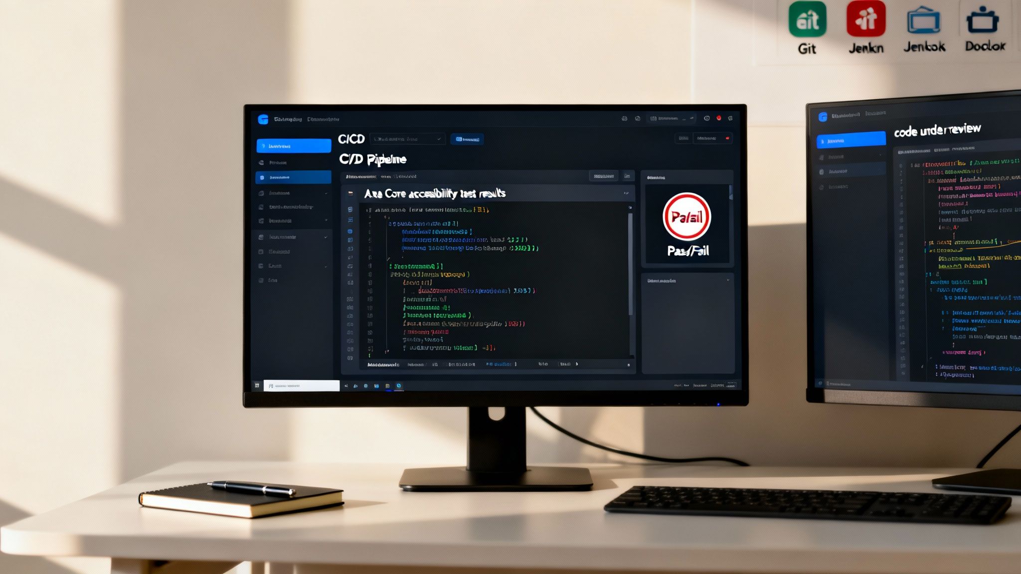 Dual monitors on a desk showing a CI/CD pipeline with accessibility test results and code review.