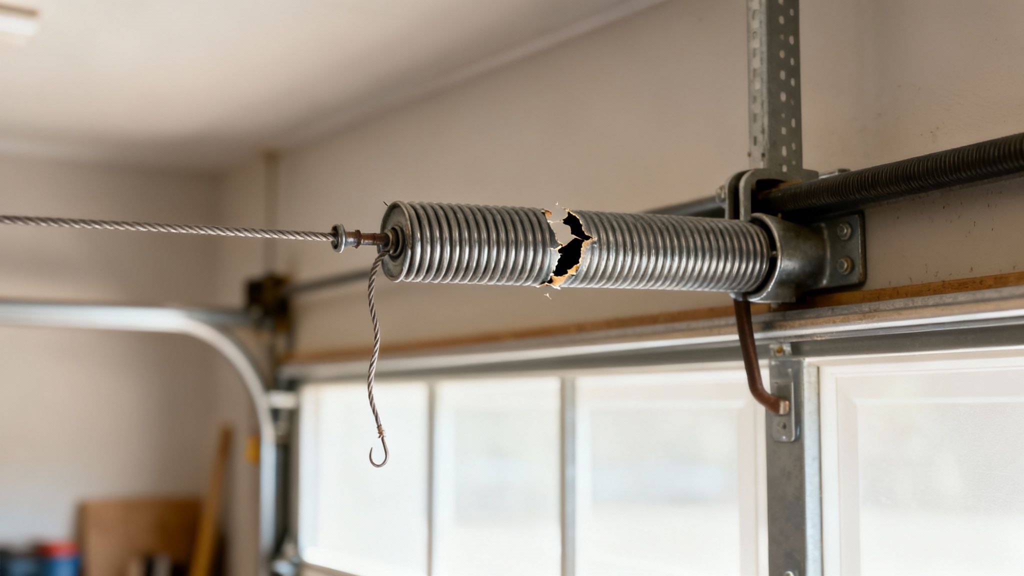 Close-up of a broken garage door extension spring with a visible crack and detached cable.