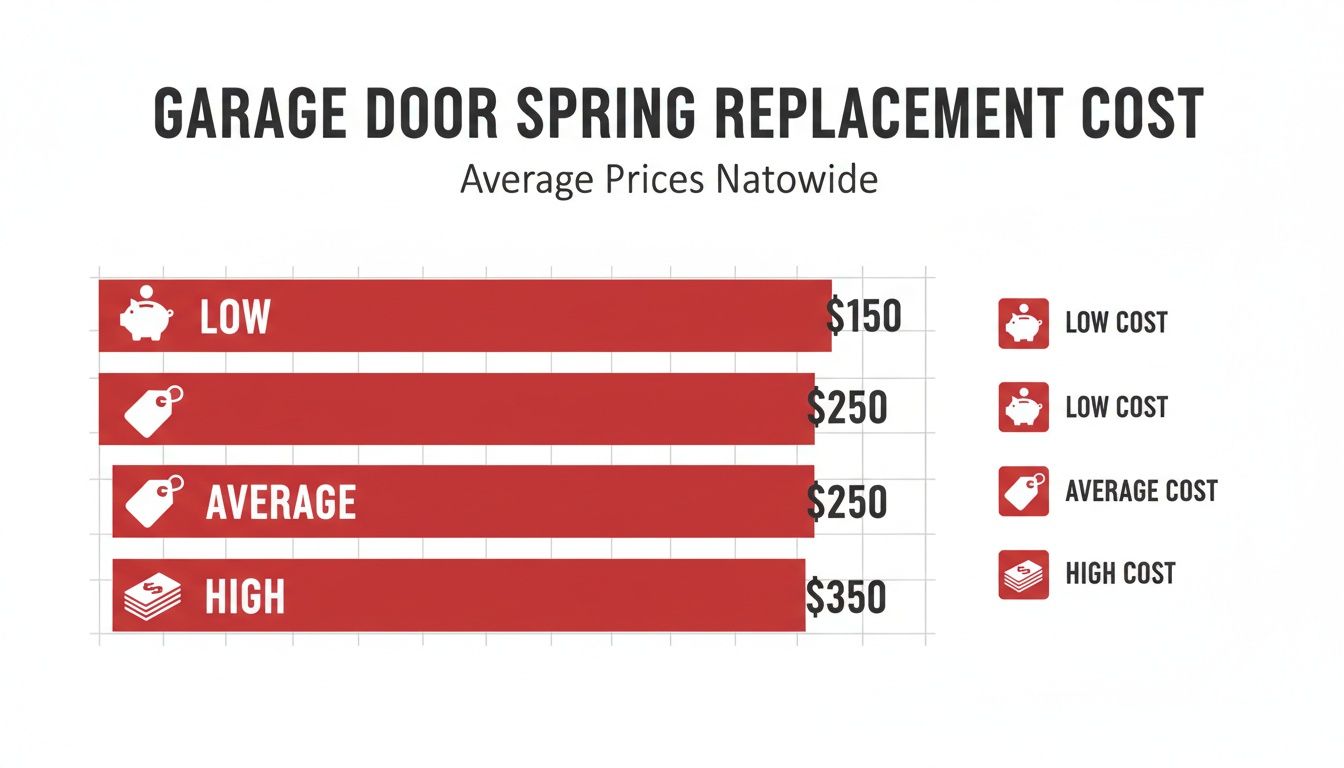 Bar chart illustrating average nationwide costs for garage door spring replacement, detailing low, average, and high price points.