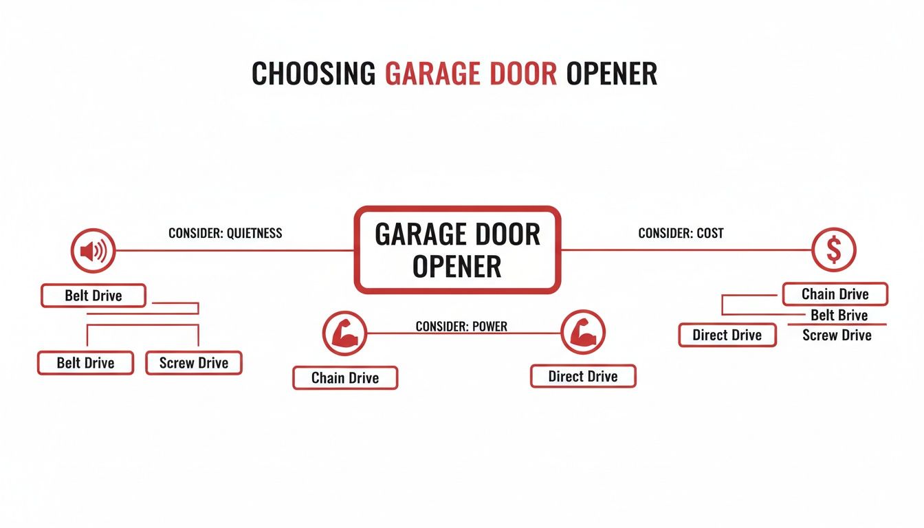 Diagram showing factors to consider when choosing a garage door opener: quietness, power, and cost.