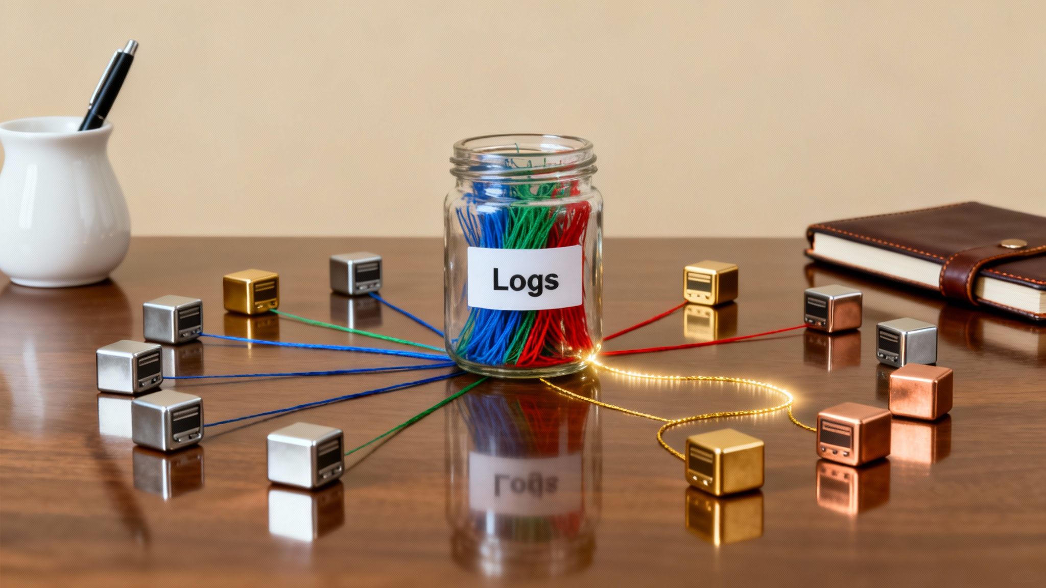 Central log management concept with a jar labeled "Logs" connected to small server cubes.
