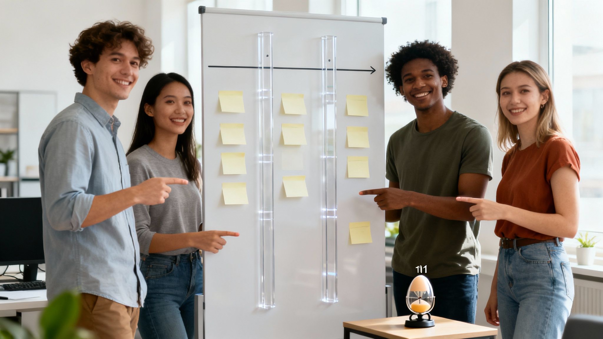 Four diverse professionals pointing at kanban board with sticky notes during agile team meeting