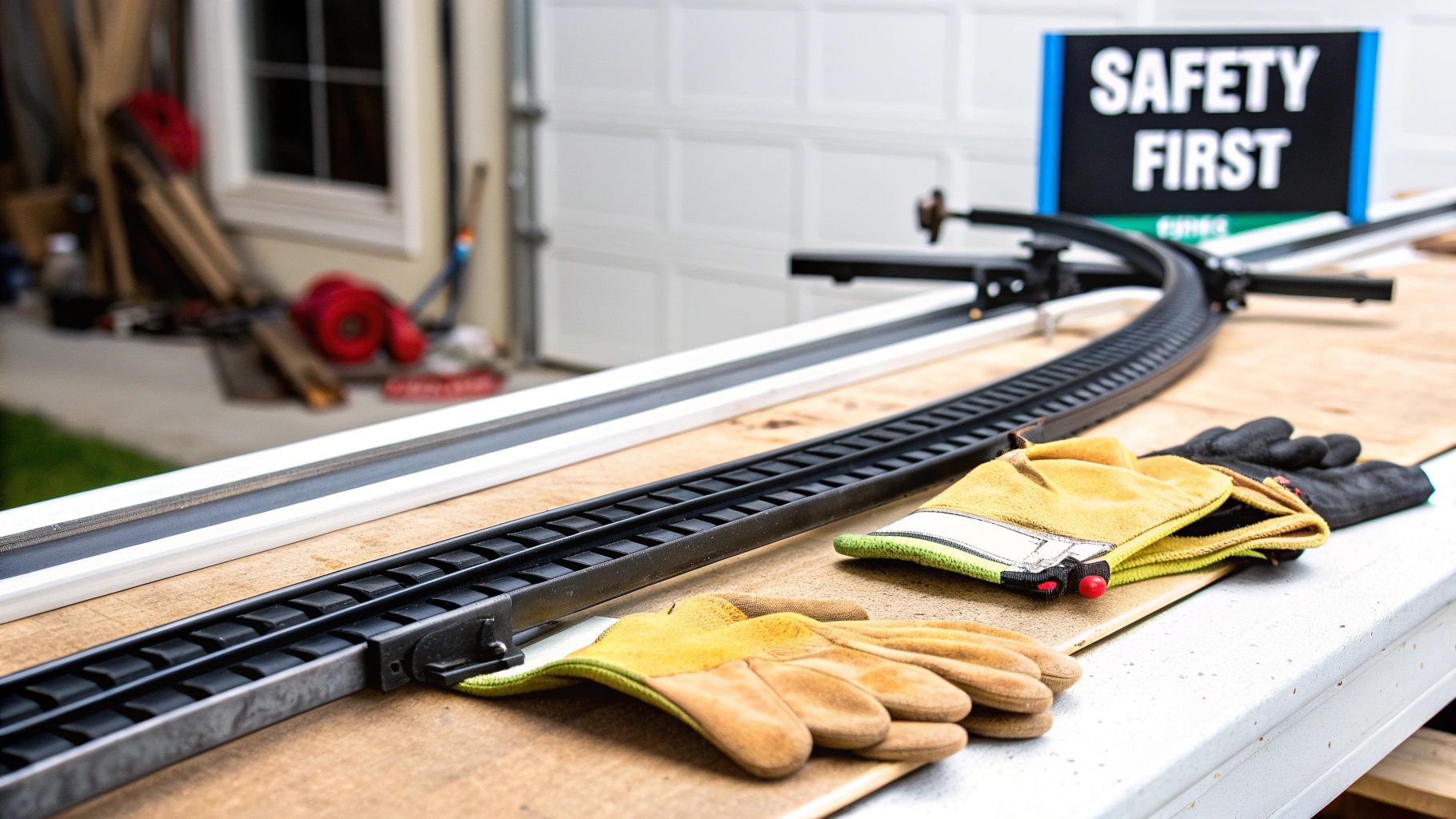 A person's hands wearing work gloves, using a C-clamp to secure a garage door to its track.