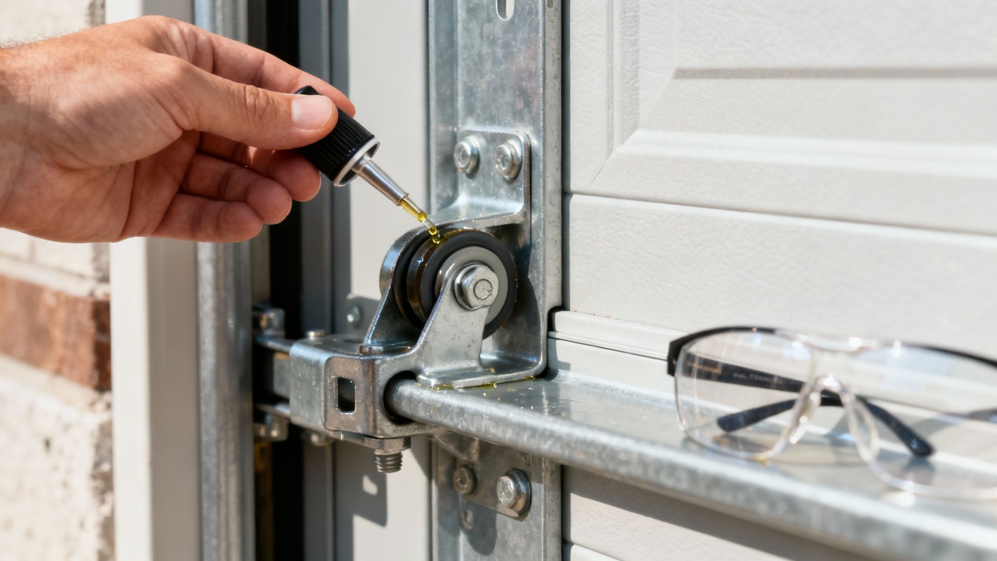 A person's hand lubricates a garage door roller with oil from a dropper, ensuring smooth operation.