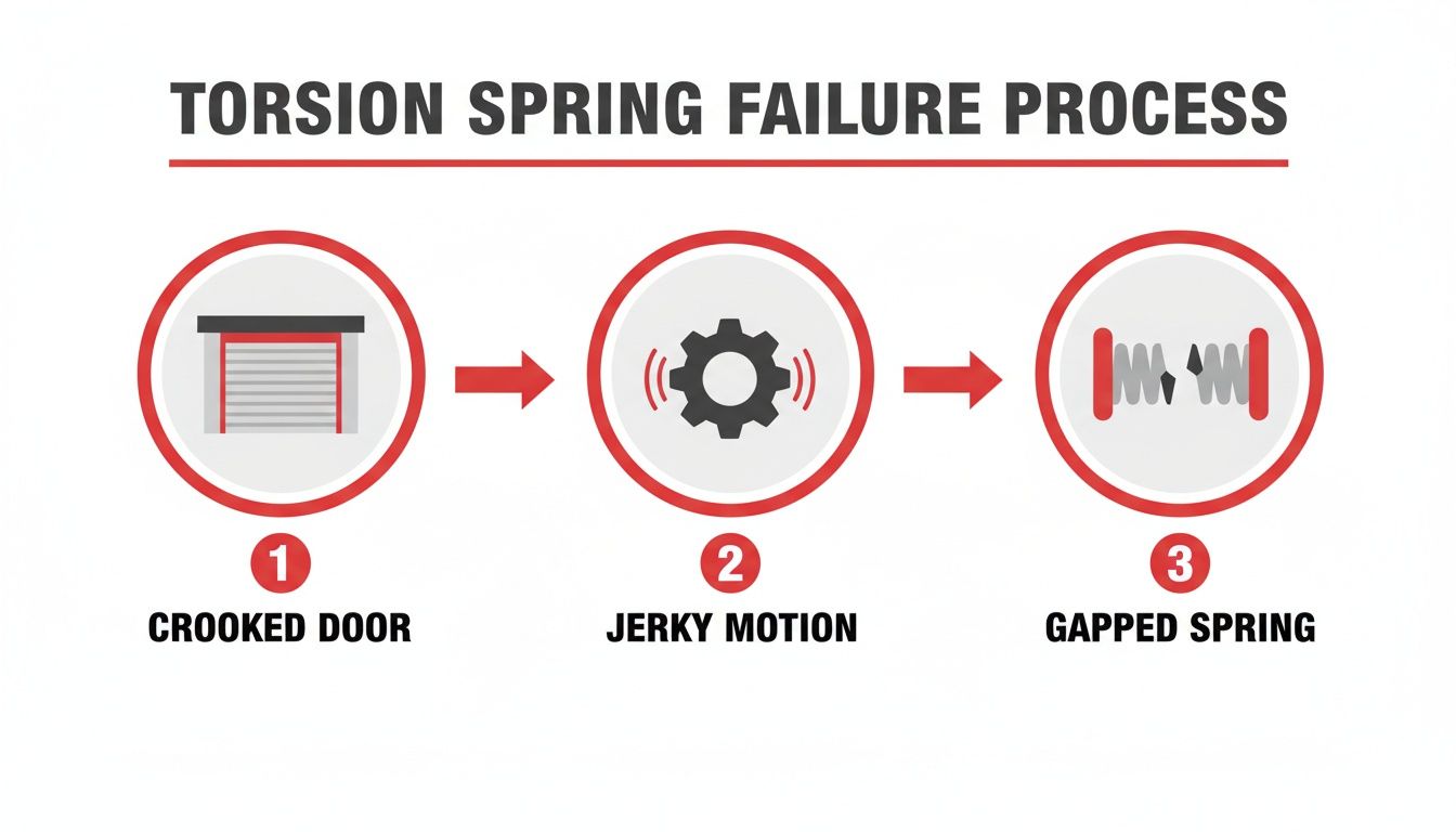Infographic showing the three-step failure process of garage door torsion springs: crooked door, jerky motion, gapped spring.