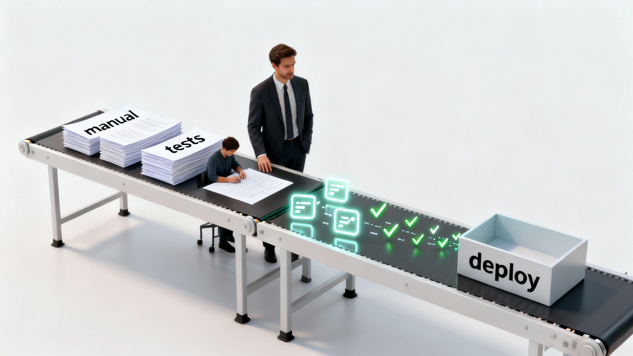 A conveyor belt illustrates the shift from manual testing paperwork to automated digital deployment.