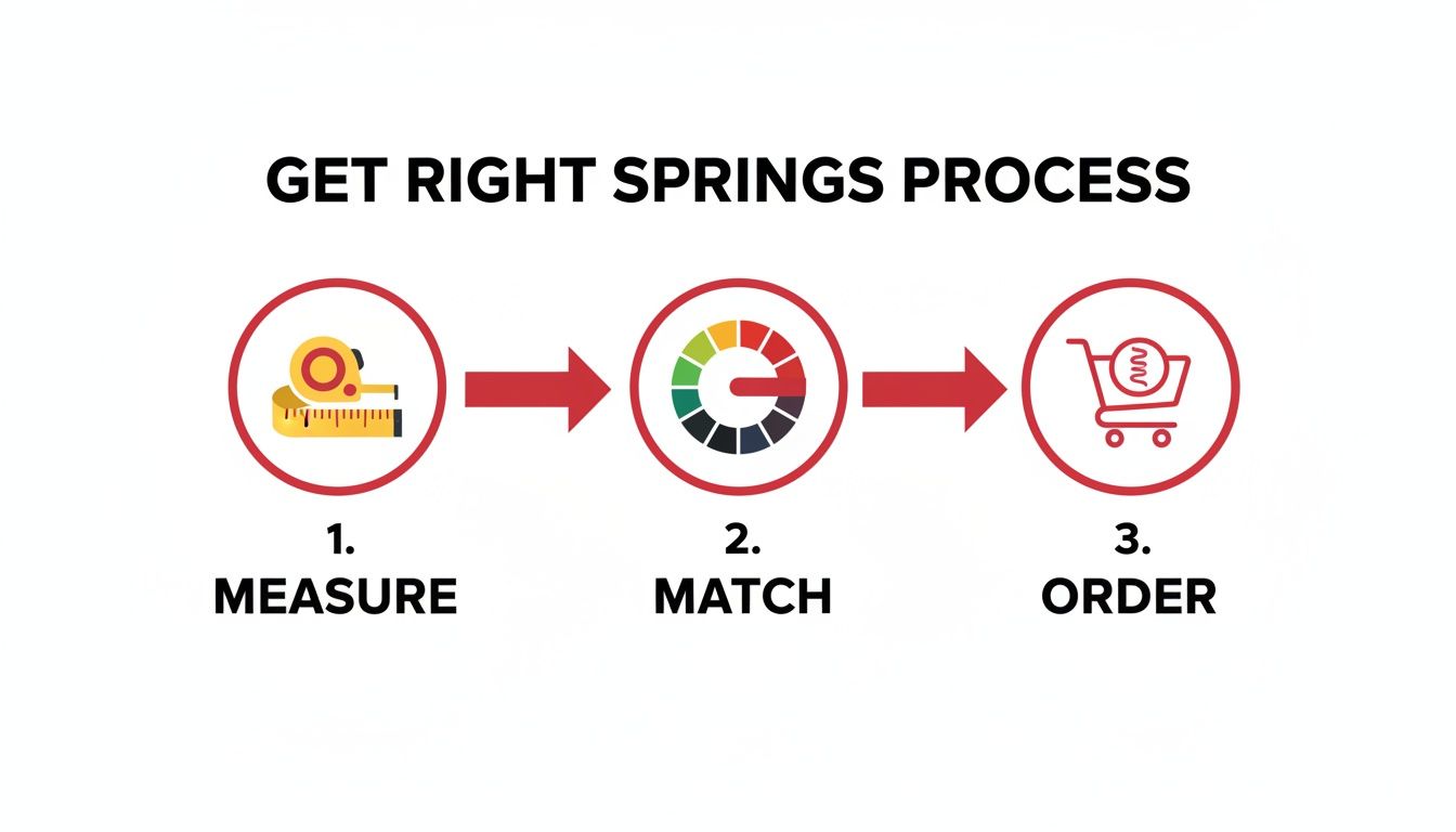 A three-step process: 1. Measure (tape measure icon), 2. Match (color wheel icon), 3. Order (shopping cart icon).