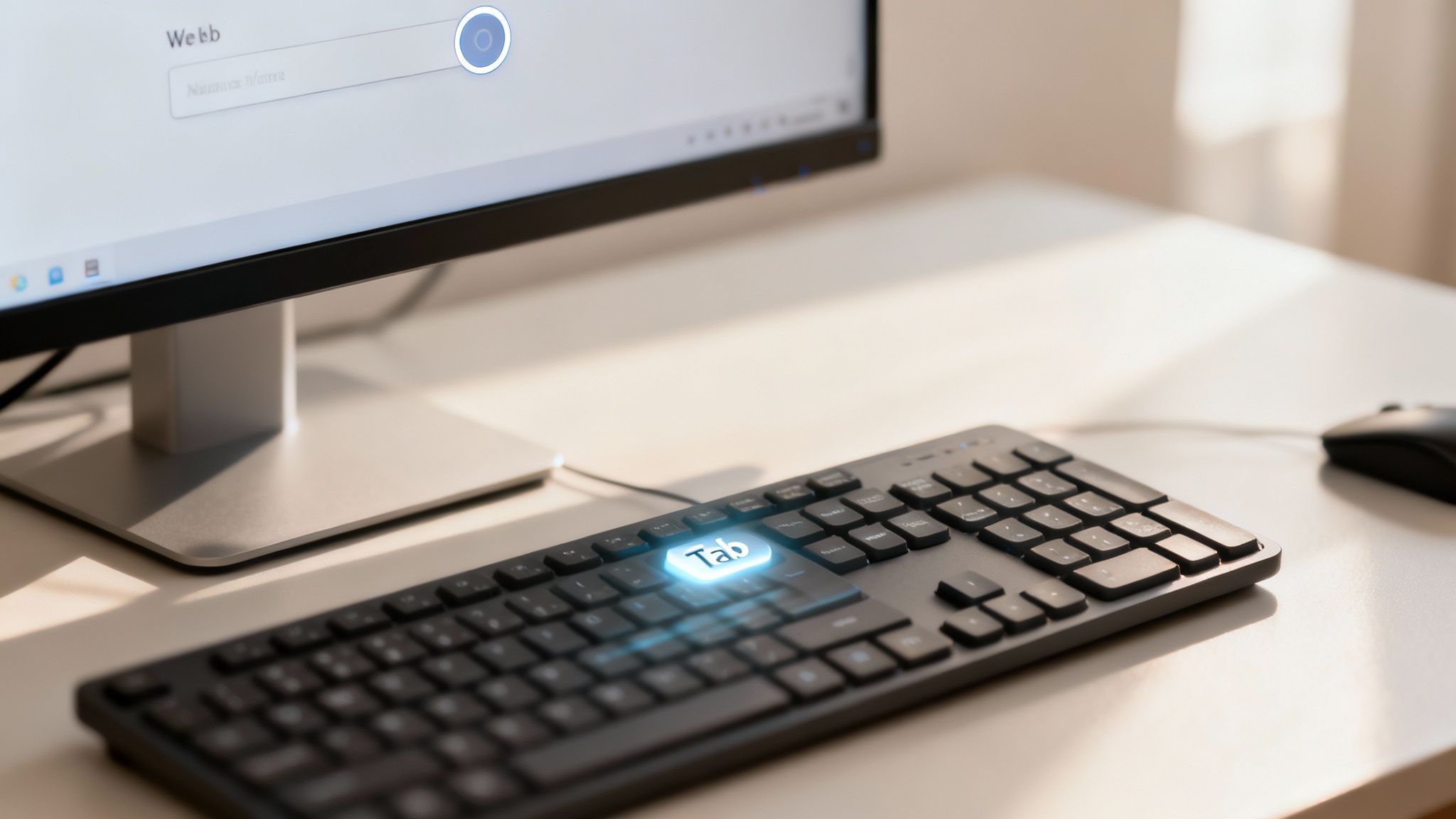 A computer screen with a search bar and a keyboard with a glowing blue 'Tab' key.