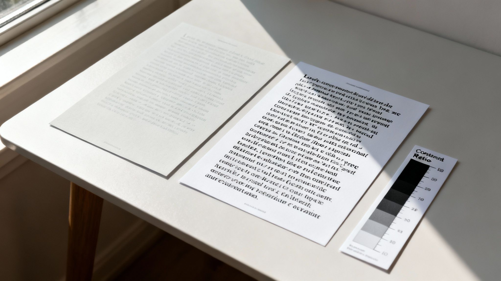 Two sheets of paper, one with light gray faded text, one with dark black text, next to a contrast ratio scale.