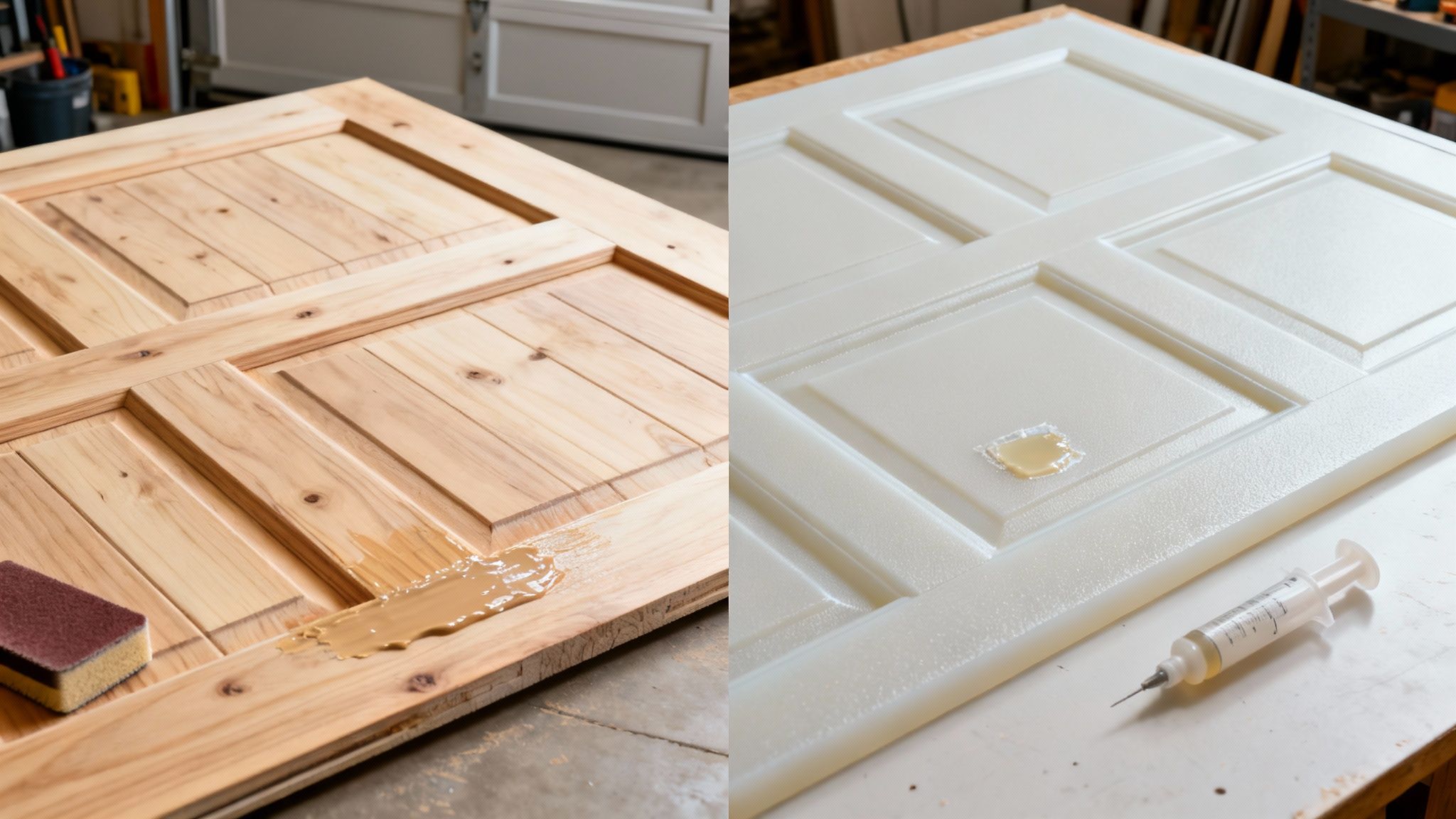 Before and after showing a garage door being repaired and painted white.