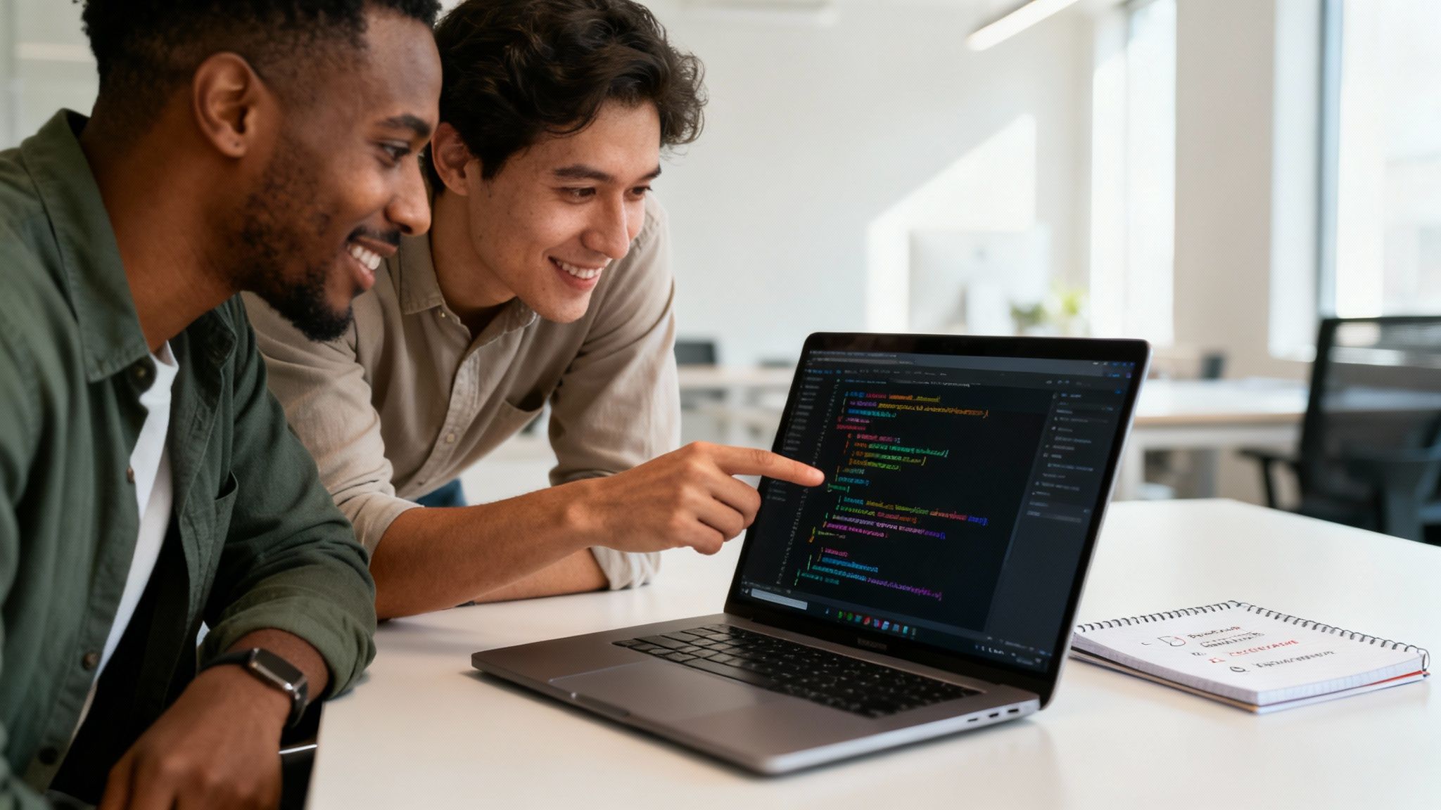 Two diverse men smiling while collaborating on coding, with one pointing at the laptop screen.