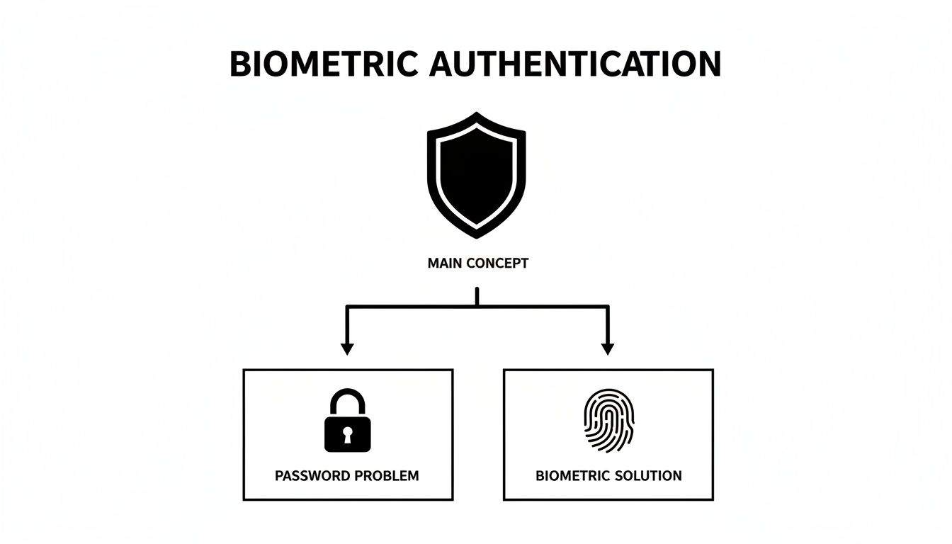 Diagram illustrating biometric authentication as a solution to the password problem with shield, lock, and fingerprint icons.