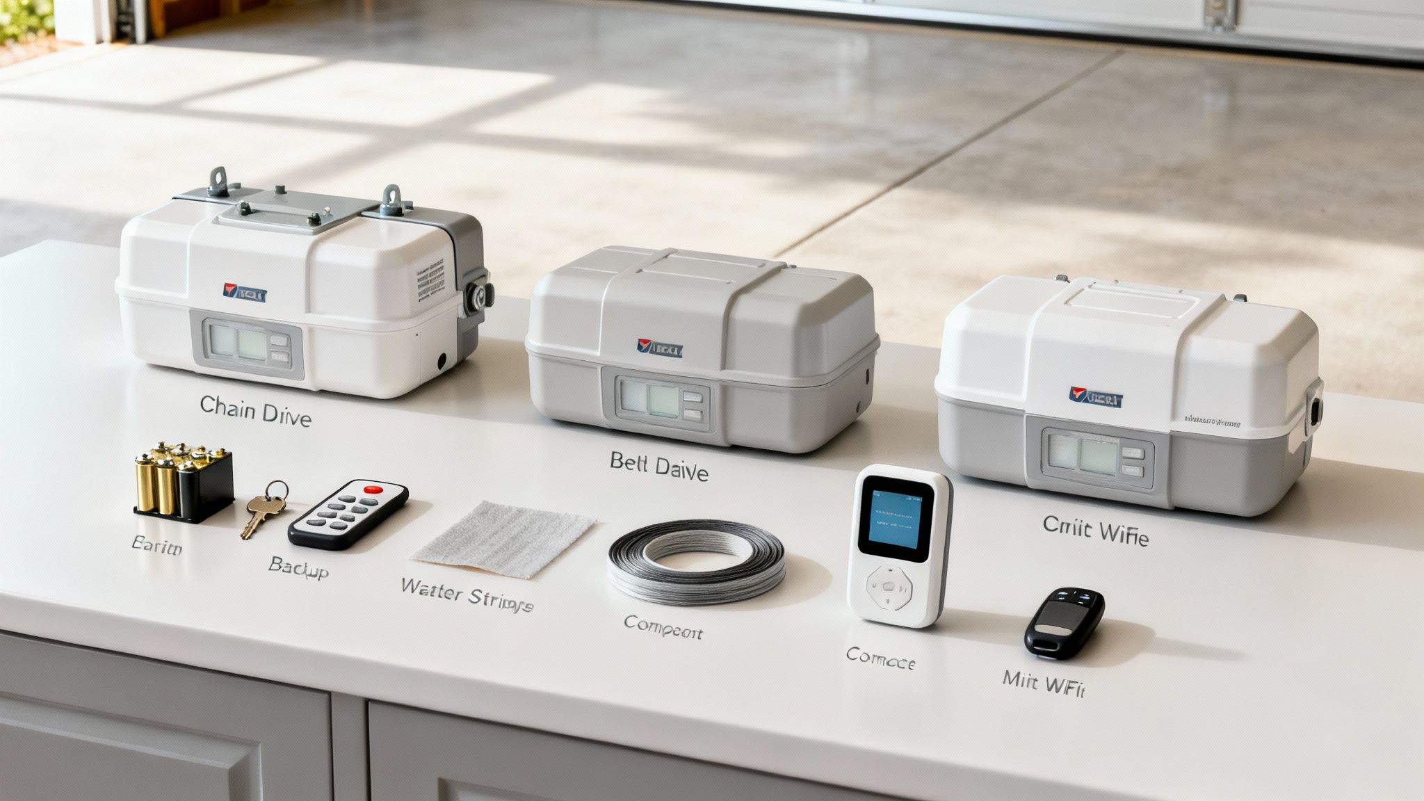 A garage door opener installed on a ceiling