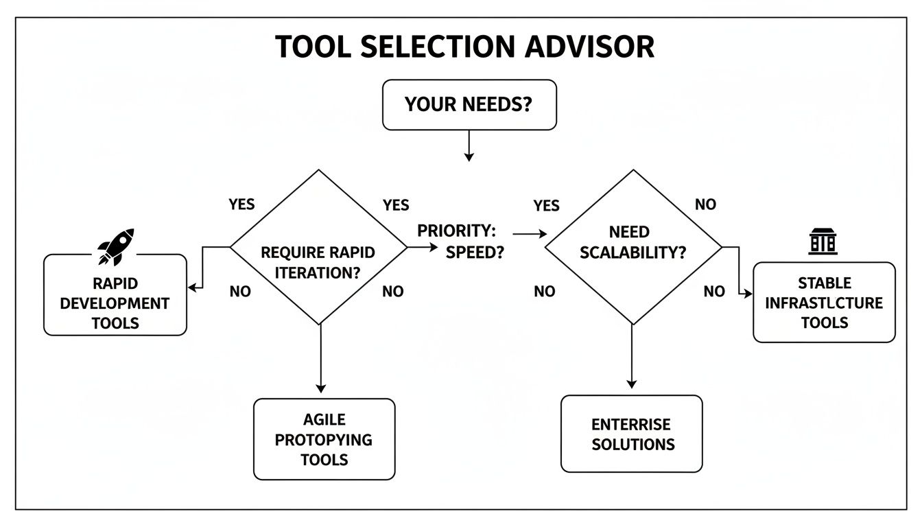 Flowchart guiding tool selection based on rapid iteration, speed, and scalability needs.